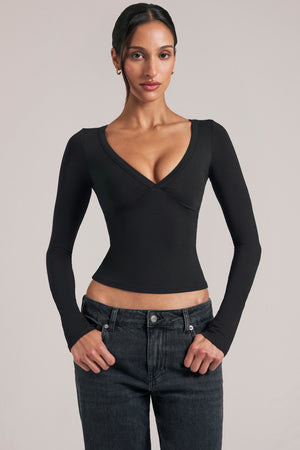 V-Neck Long-Sleeve Top  in Black