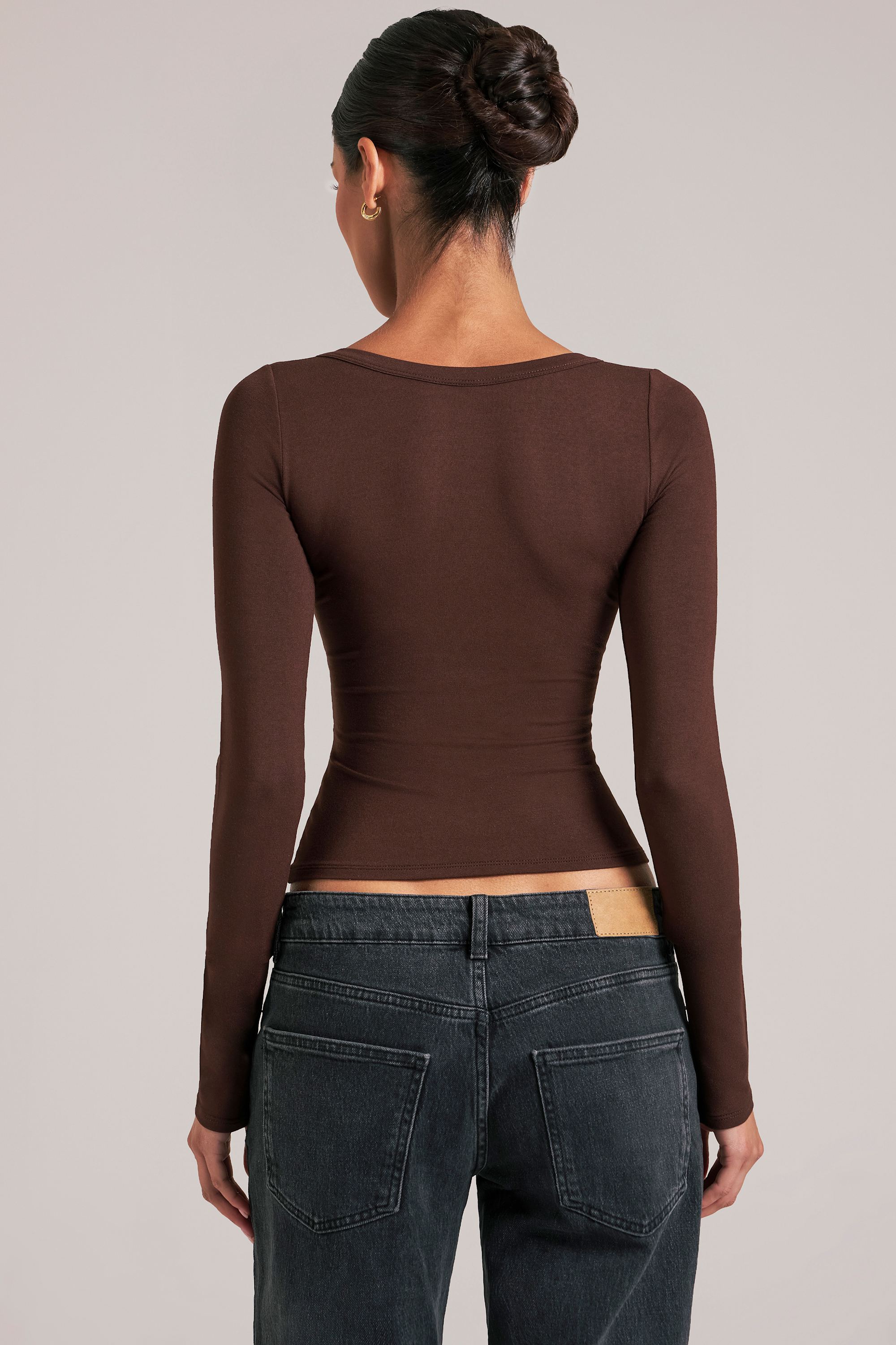 V-Neck Long-Sleeve Top  in Chocolate Brown - 2