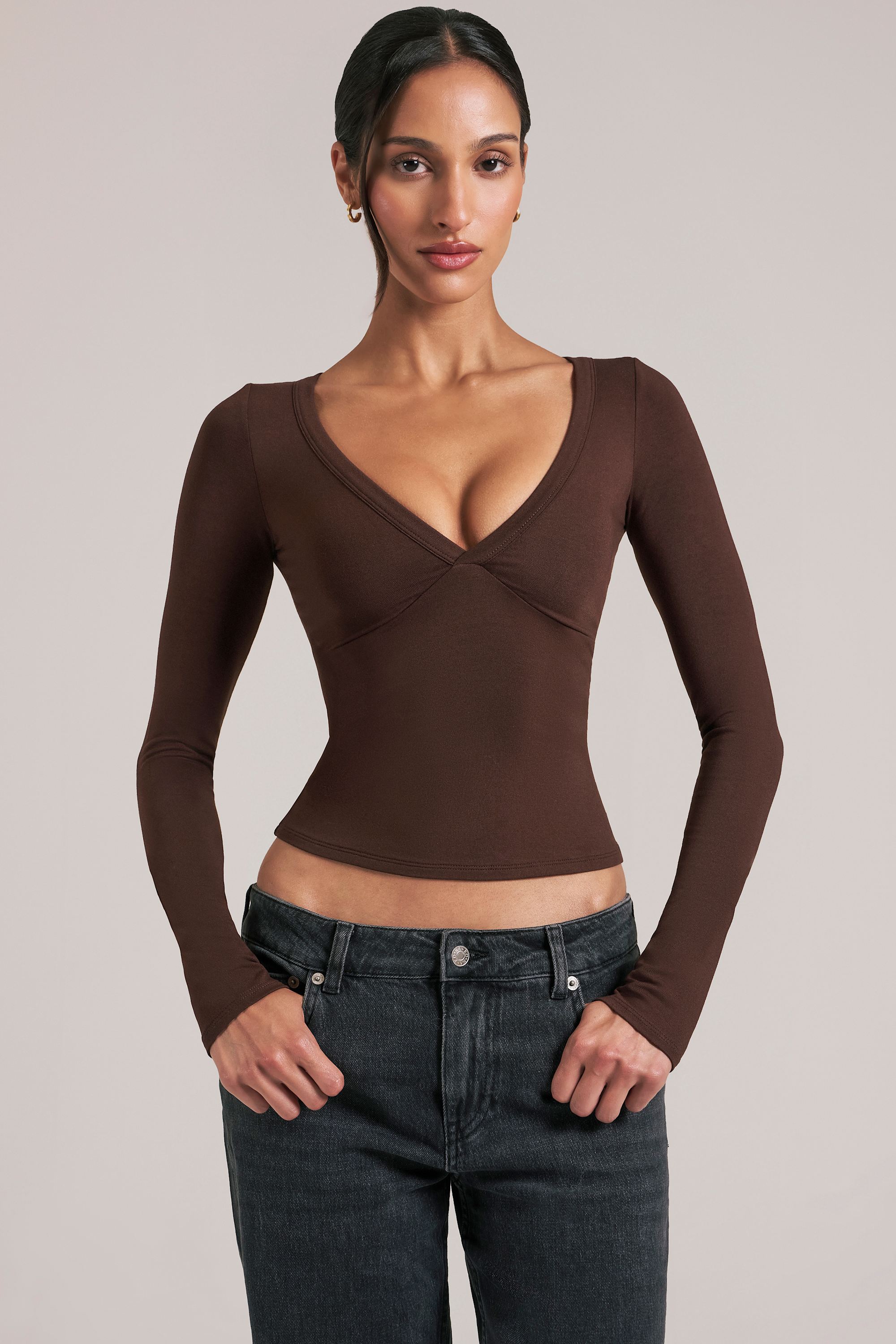 V-Neck Long-Sleeve Top  in Chocolate Brown - 1