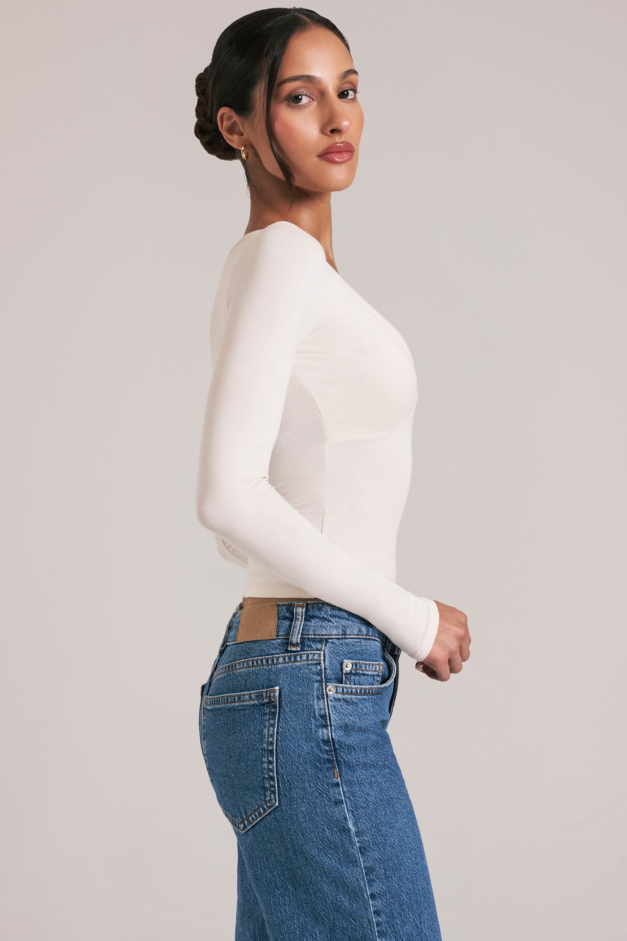 V-Neck Long-Sleeve Top  in Vanilla