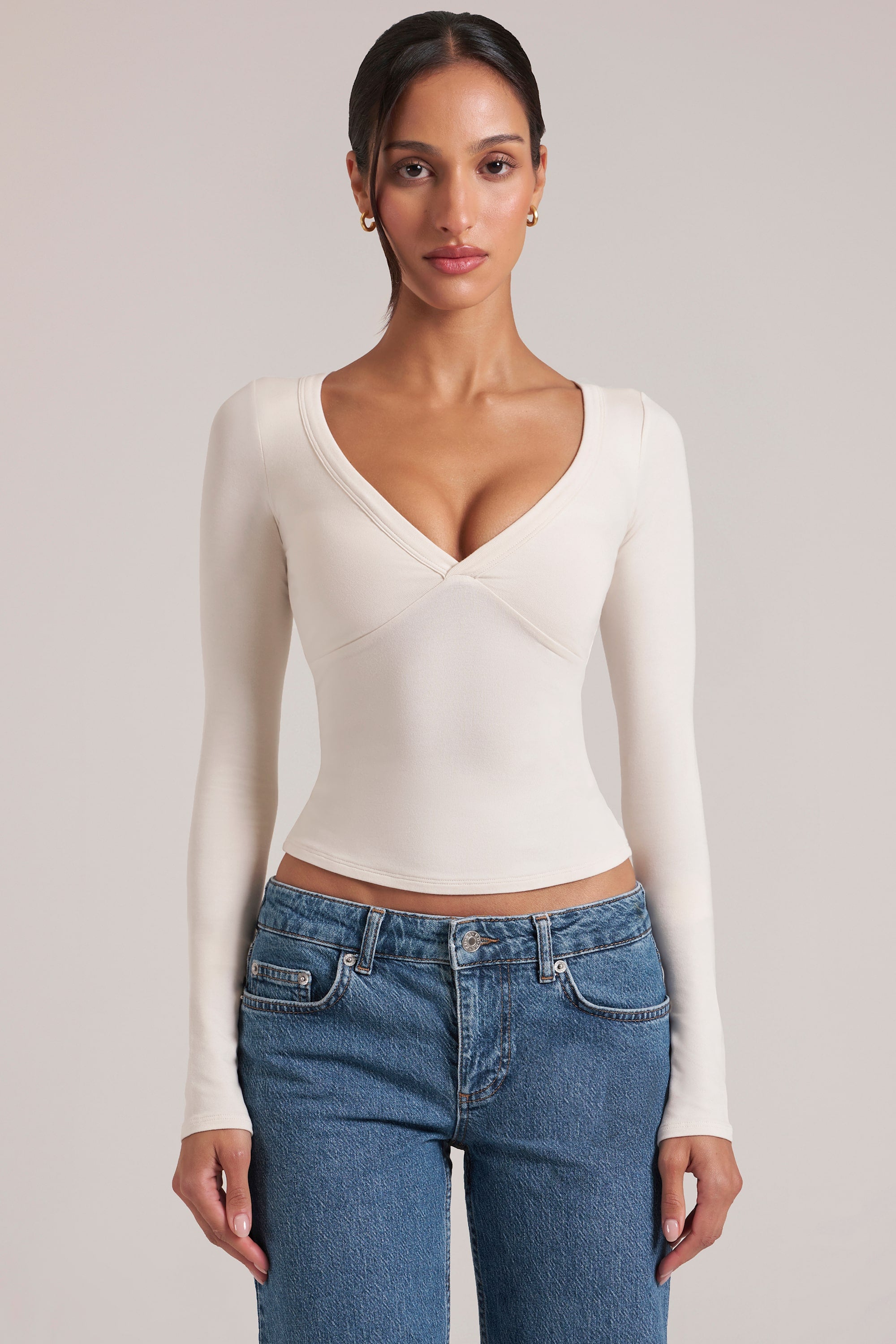 V-Neck Long-Sleeve Top  in Vanilla