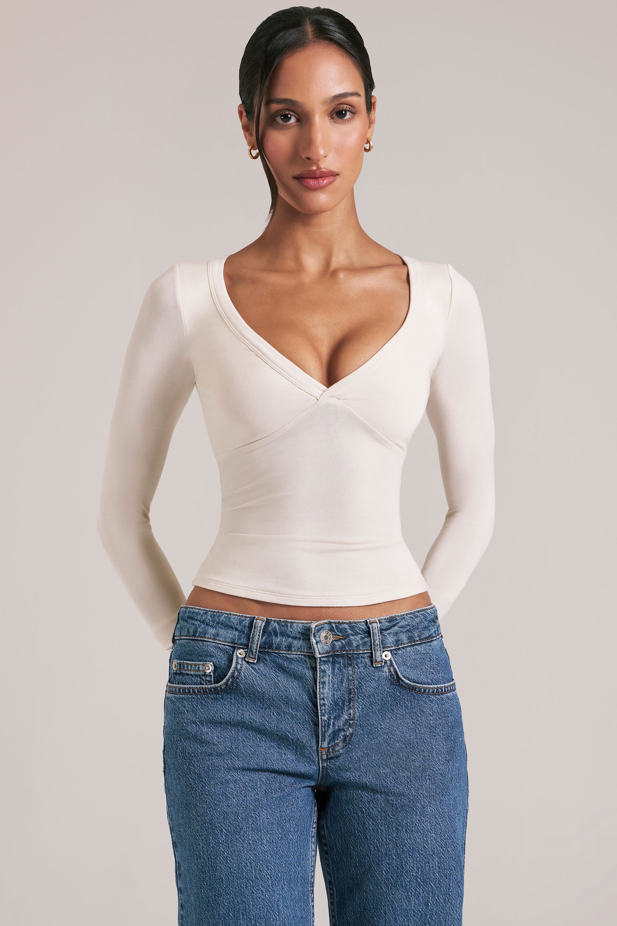V-Neck Long-Sleeve Top  in Vanilla