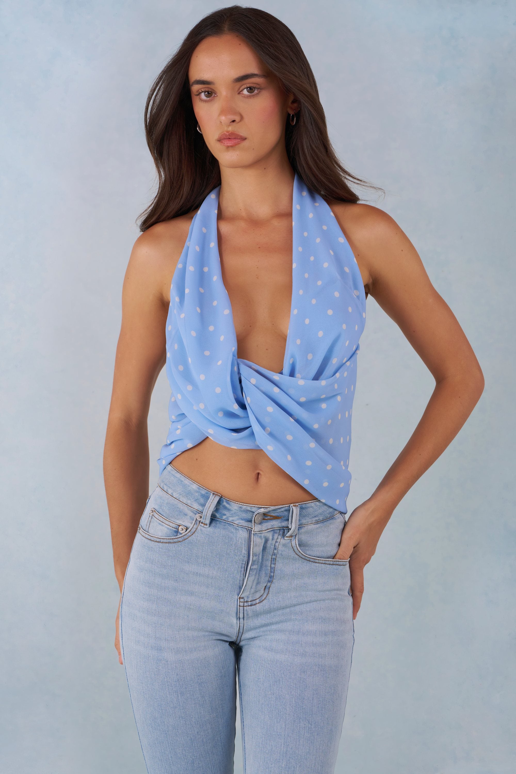 Deep Plunge Halterneck Top in Blue Polka Dot Print - 1
