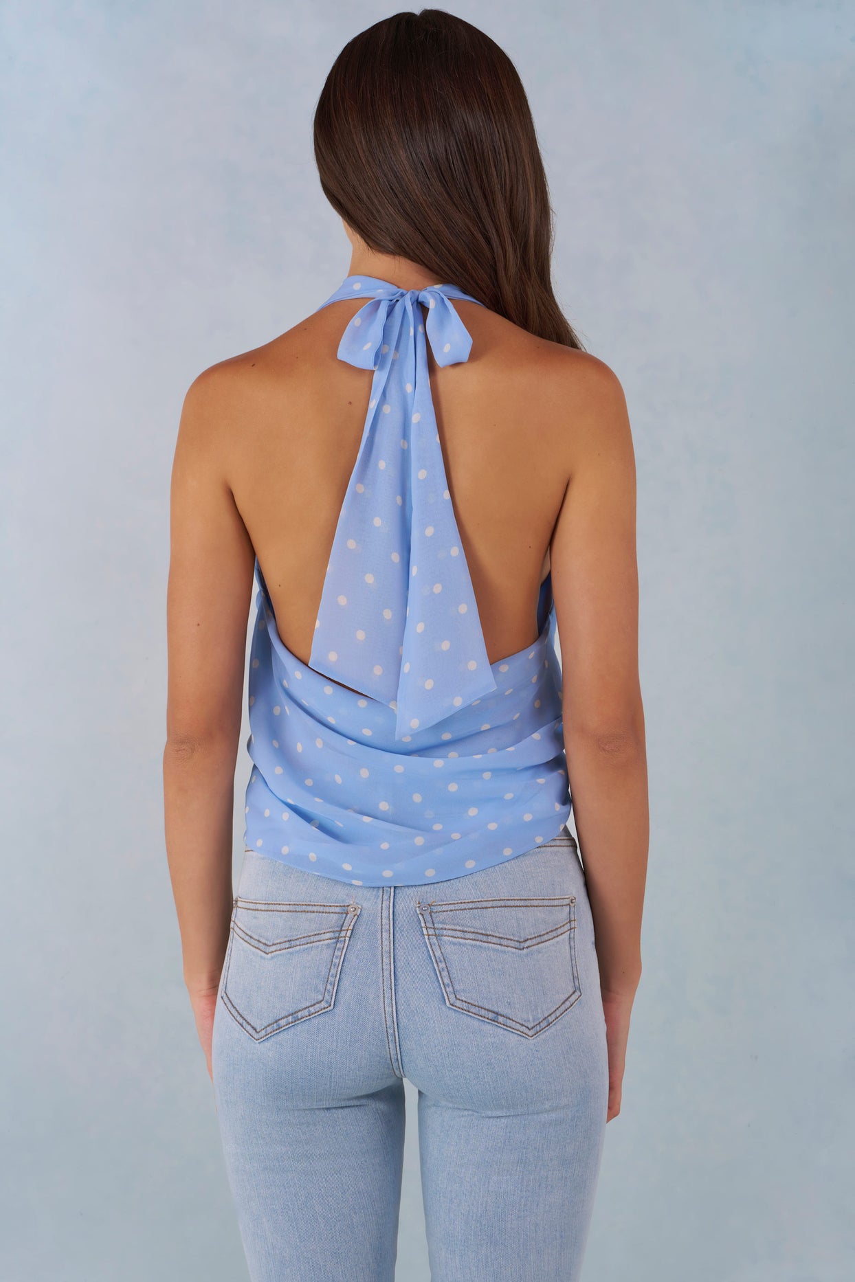 Deep Plunge Halterneck Top in Blue Polka Dot Print - 8