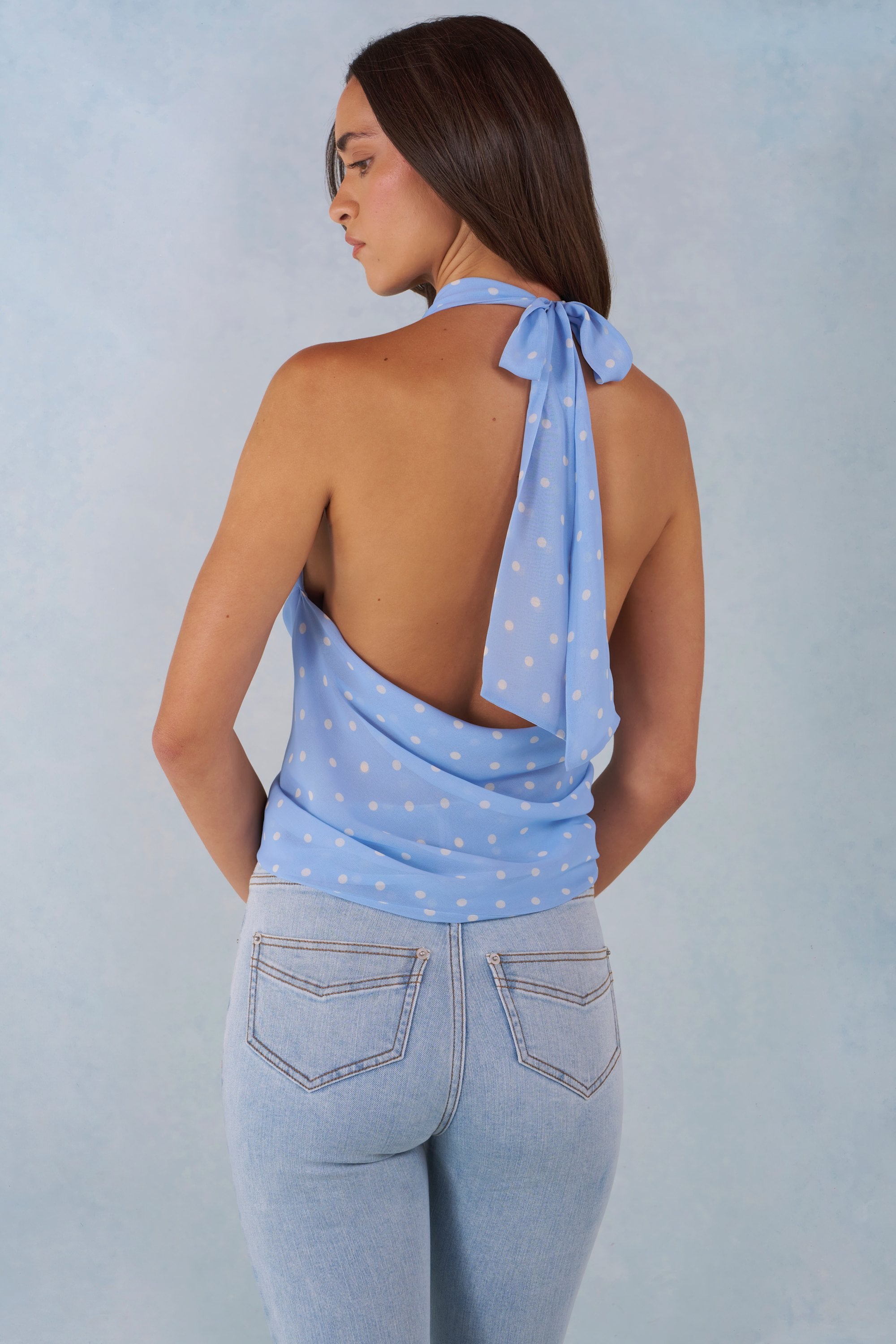 Deep Plunge Halterneck Top in Blue Polka Dot Print - 2
