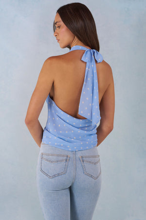 Deep Plunge Halterneck Top in Blue Polka Dot Print