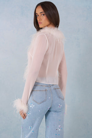 Faux Fur-Trim Sheer Top in Ivory