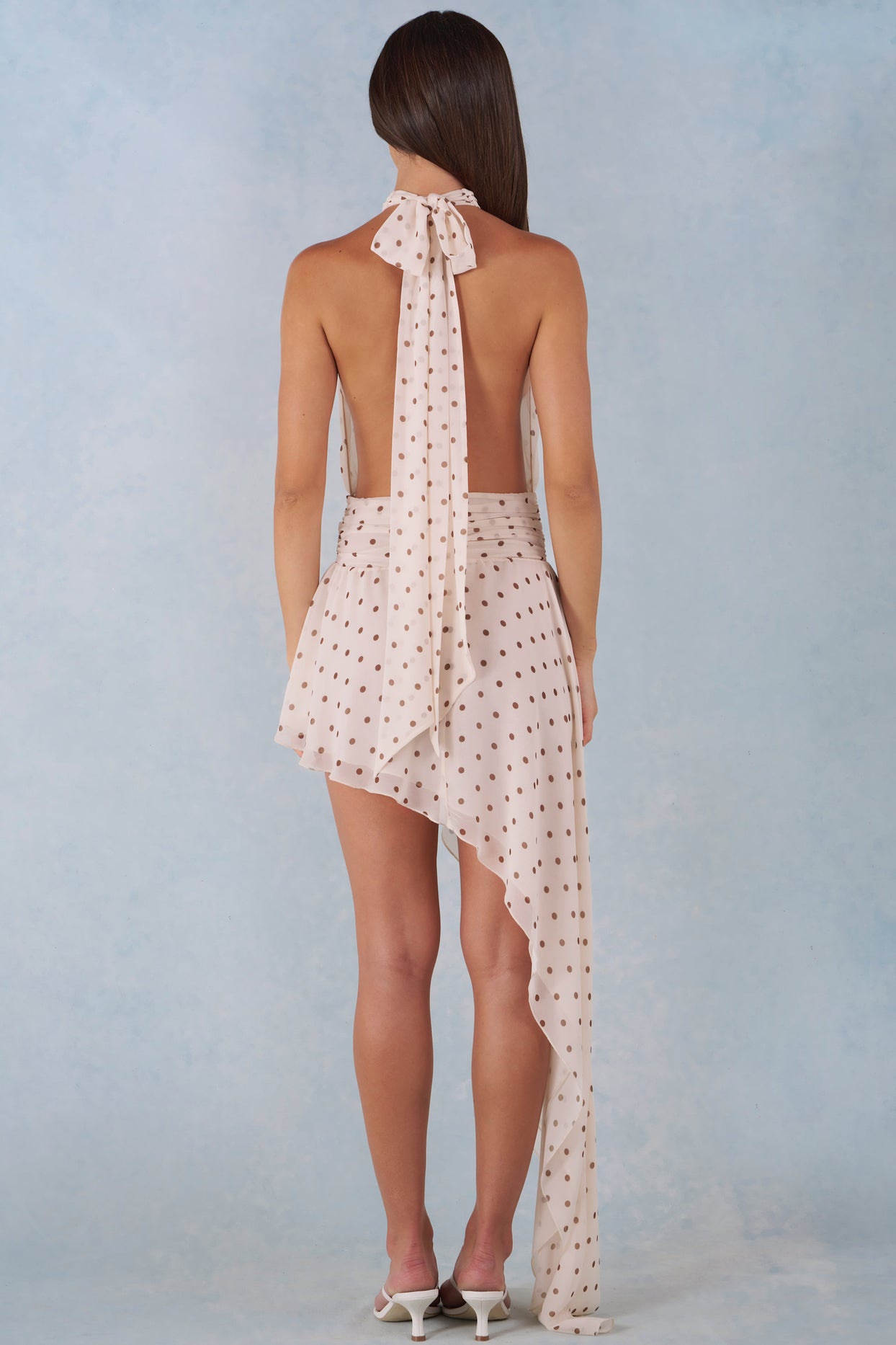 Halterneck Asymmetric Maxi Dress in Ivory Polka Dot Print - 7
