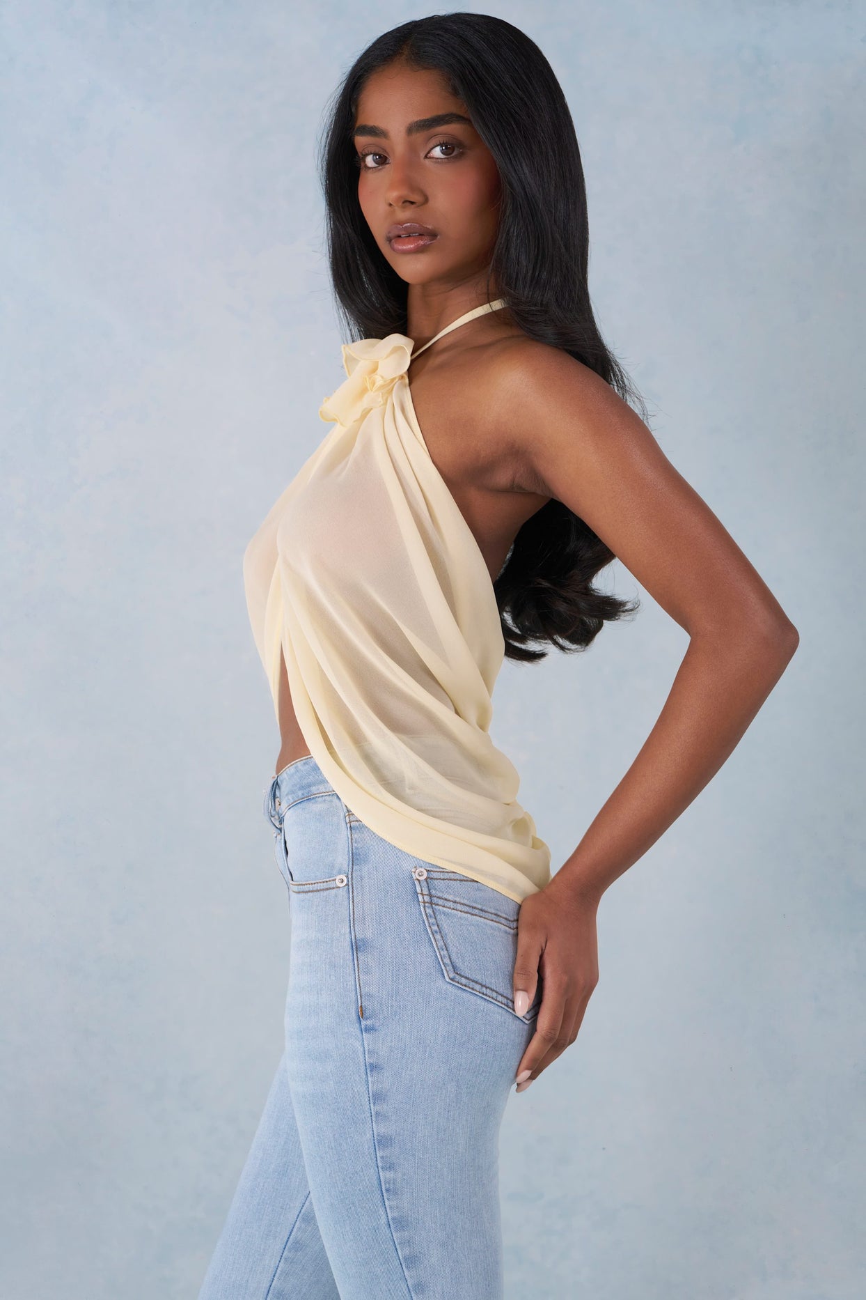 Halterneck Open-Front Top in Butter Yellow - 4