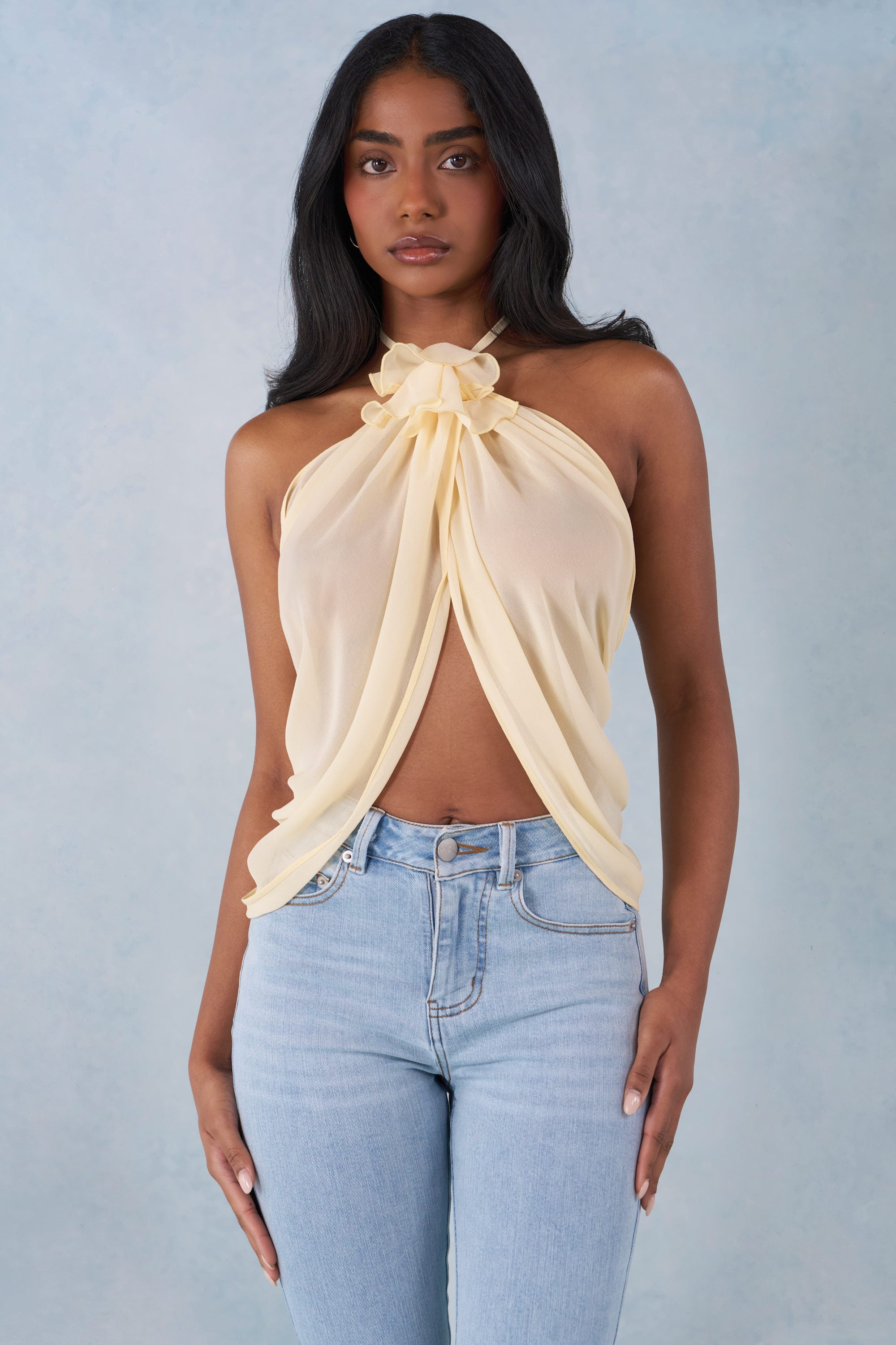 Halterneck Open-Front Top in Butter Yellow - 1