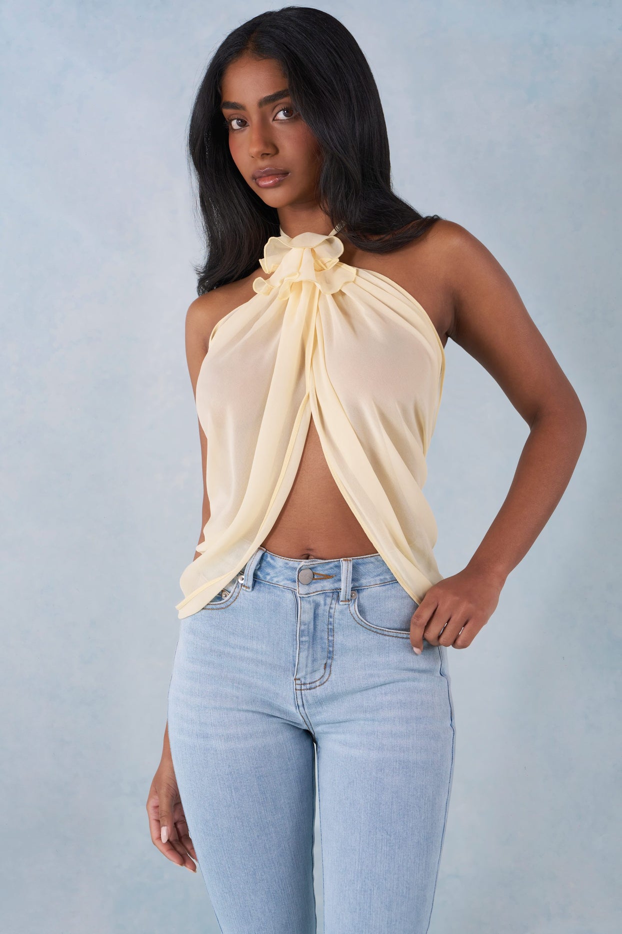 Halterneck Open-Front Top in Butter Yellow - 7