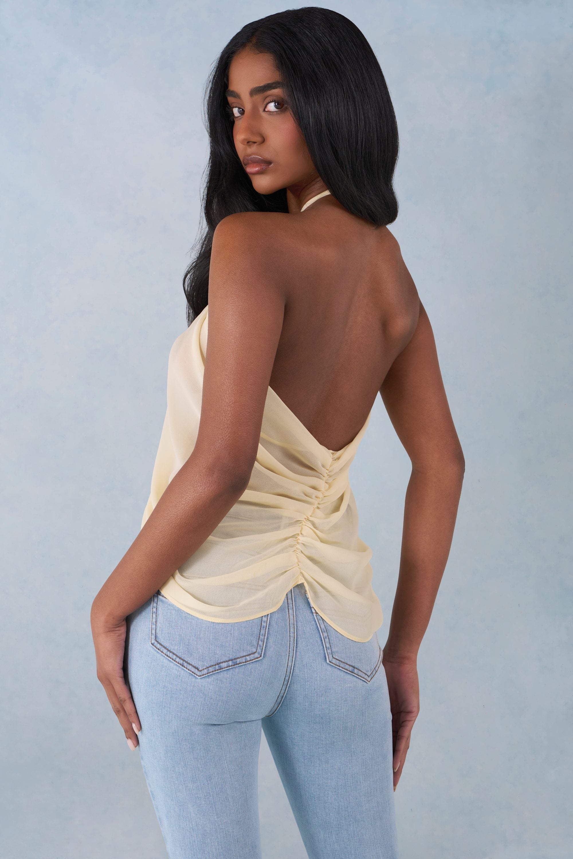 Halterneck Open-Front Top in Butter Yellow - 2