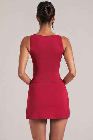 Oh Polly model Yasmin wearing the Veya Tops in Cherry Red Soft Jersey fabric perfect for brunch with friends