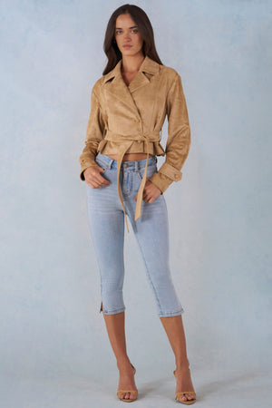 Faux Suede Cropped Belted Jacket in Tan