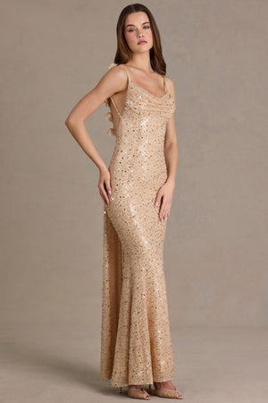 Premium Embellished Open-Back Maxi Dress in Almond