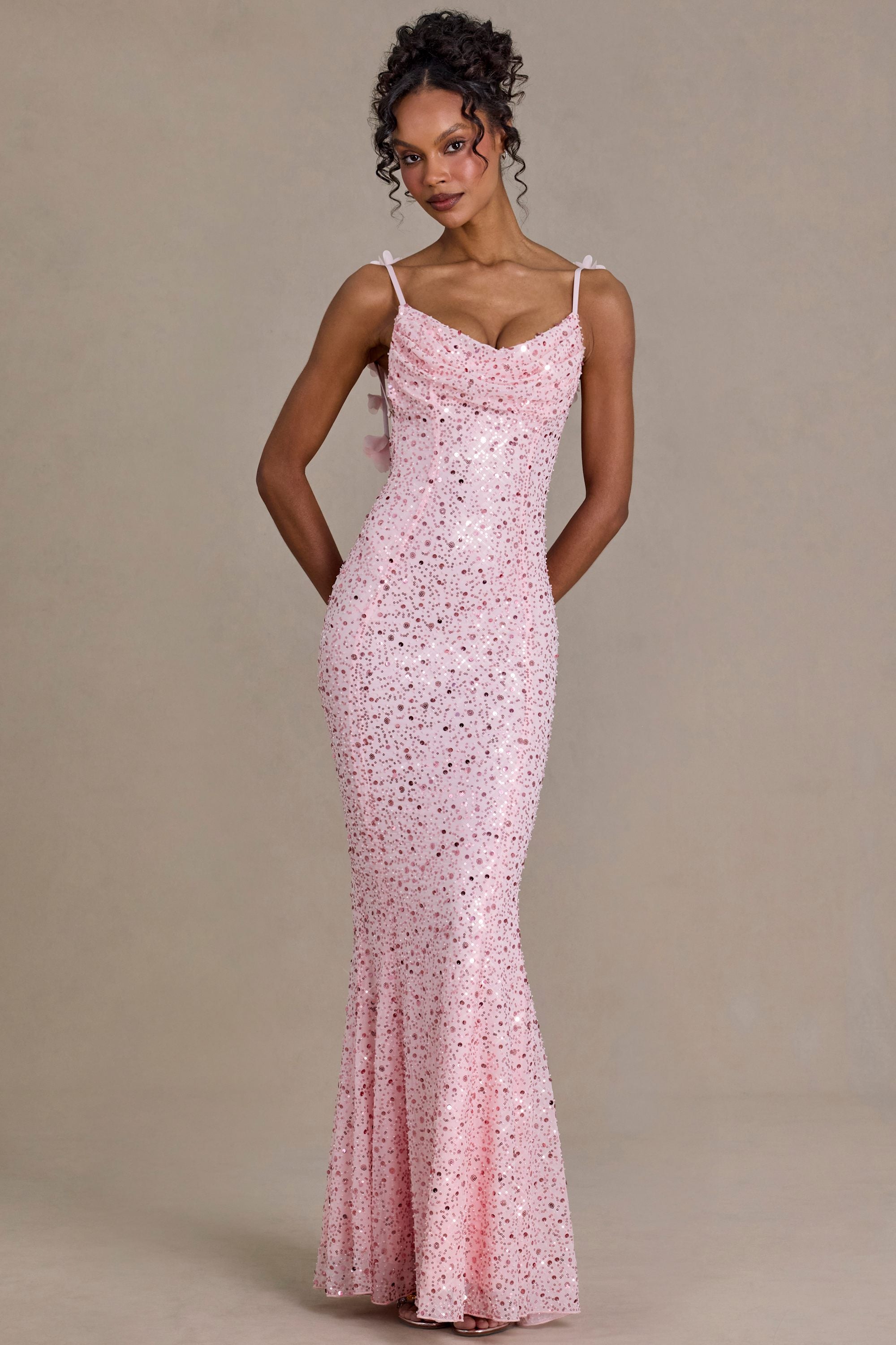 Embellished Open-Back Maxi Dress in Baby Pink - 1