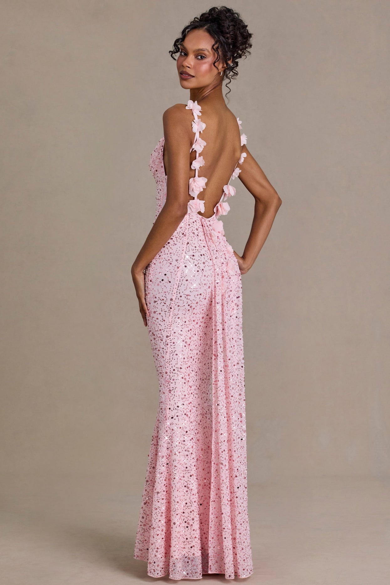 Embellished Open-Back Maxi Dress in Baby Pink - 8