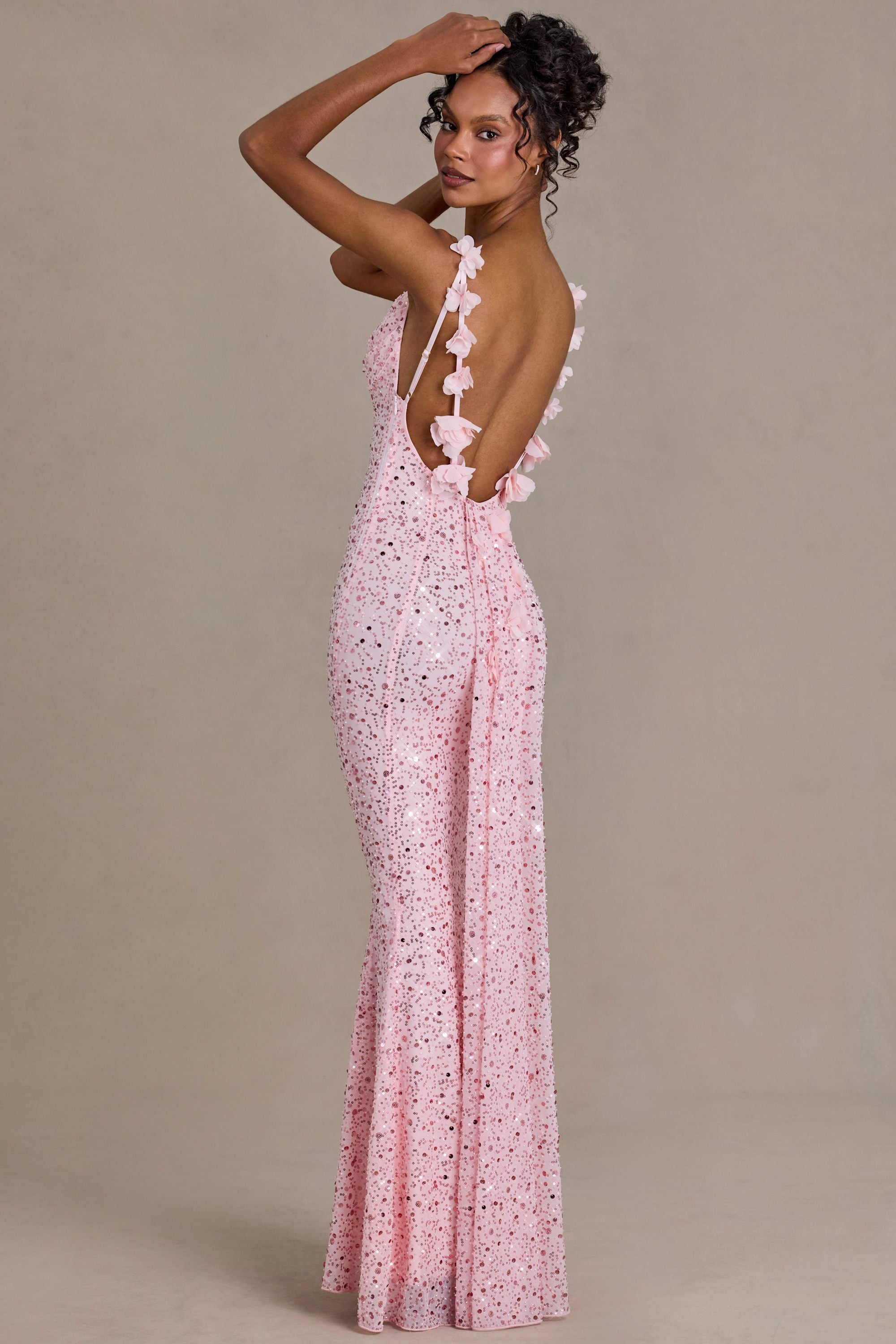 Embellished Open-Back Maxi Dress in Baby Pink - 2