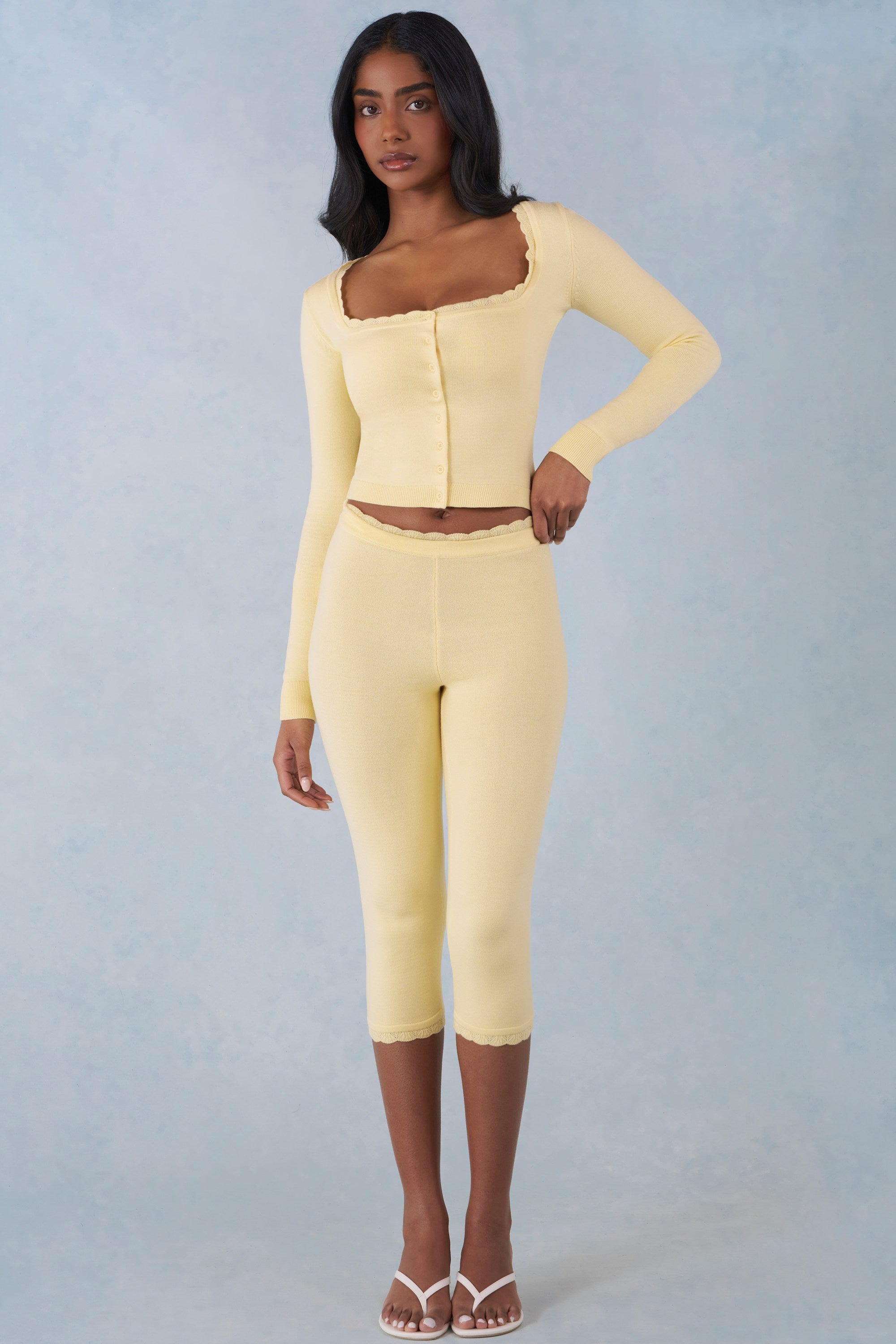 Knit Mid-Rise Capri Trousers in Butter Yellow - 1