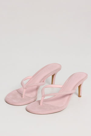 Oh Polly model Georgia wearing the Brielle Heels in Pink Modal fabric perfect for rooftop celebrations