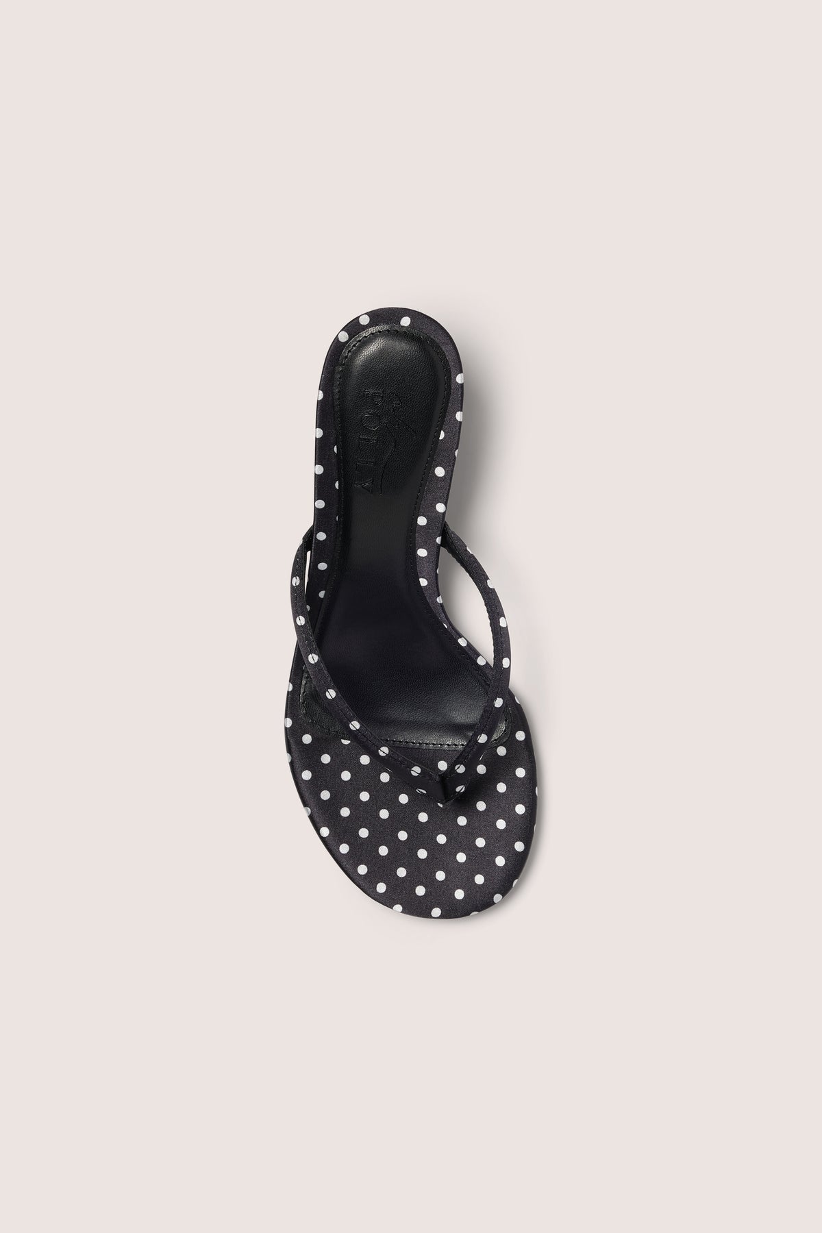 ⁣⁢Satin-Sandalen mit Absatz und Tanga-Schnitt in Schwarz mit Polka Dots⁤⁣
