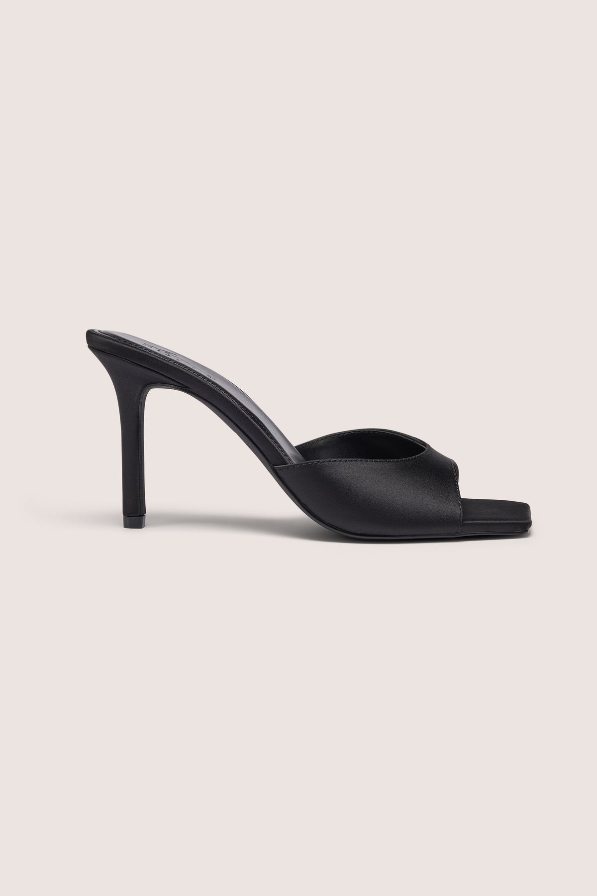 Satin Heeled Mule Sandal in Black