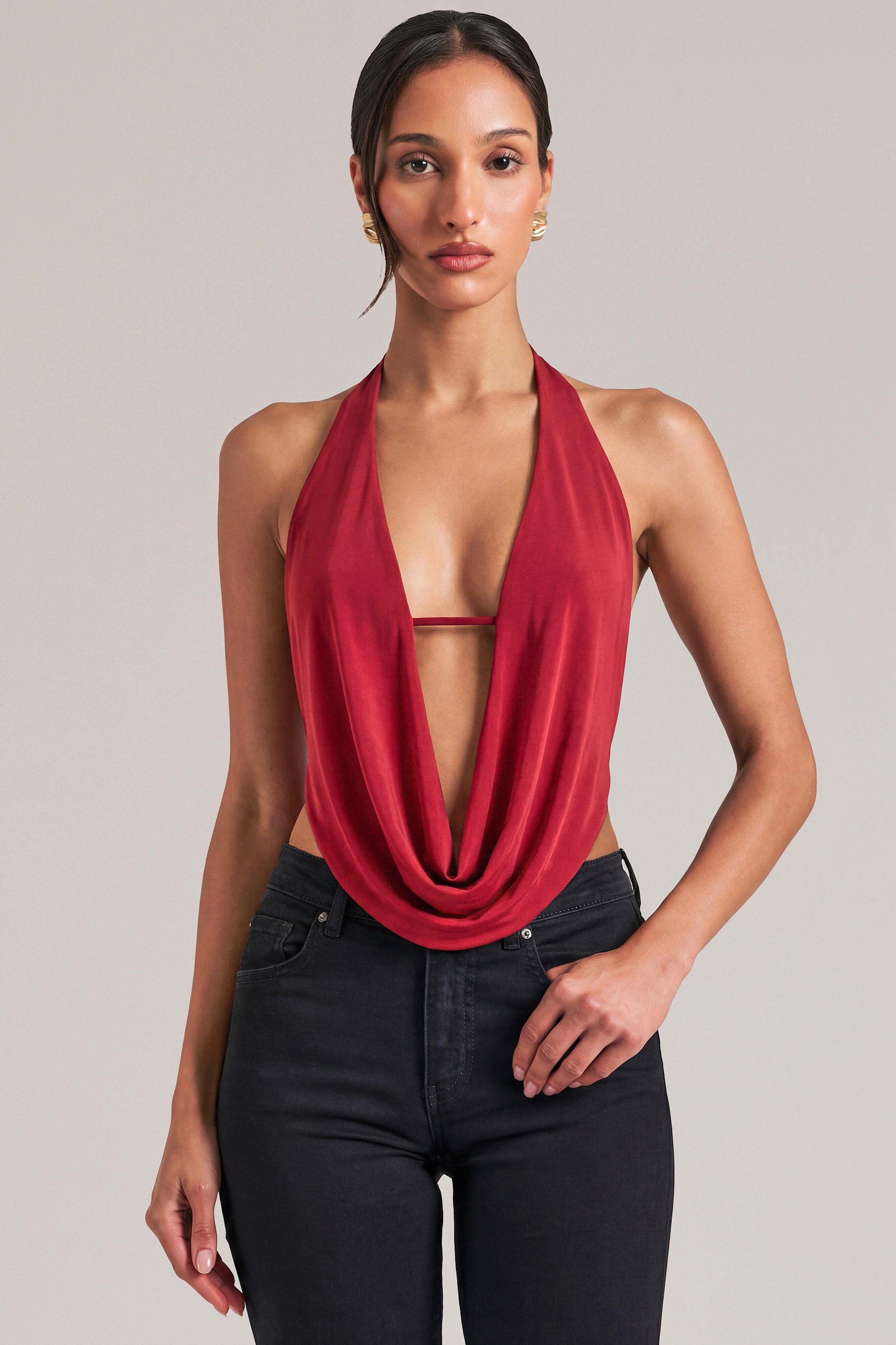 Draped Cowl Top in Cherry Red - 1