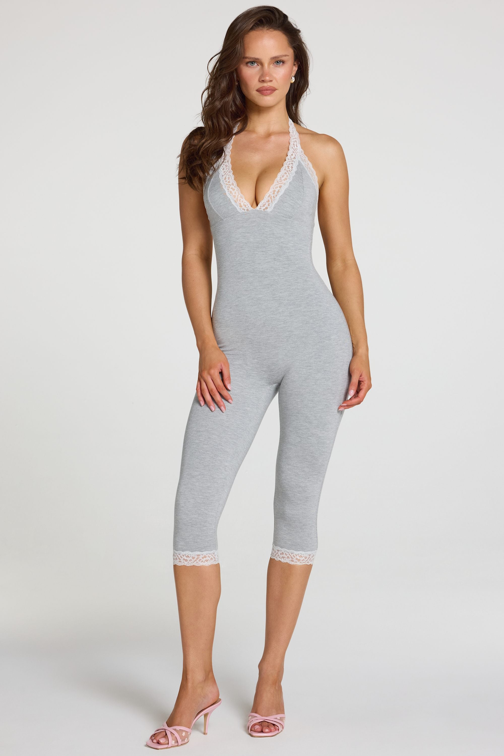 Modal Lace-Trim Capri Jumpsuit in Grey Marl