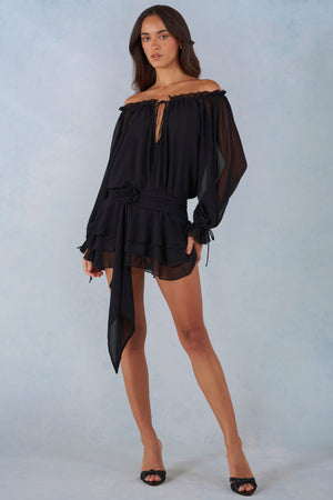 Off-Shoulder Balloon-Sleeve Mini Dress in Black