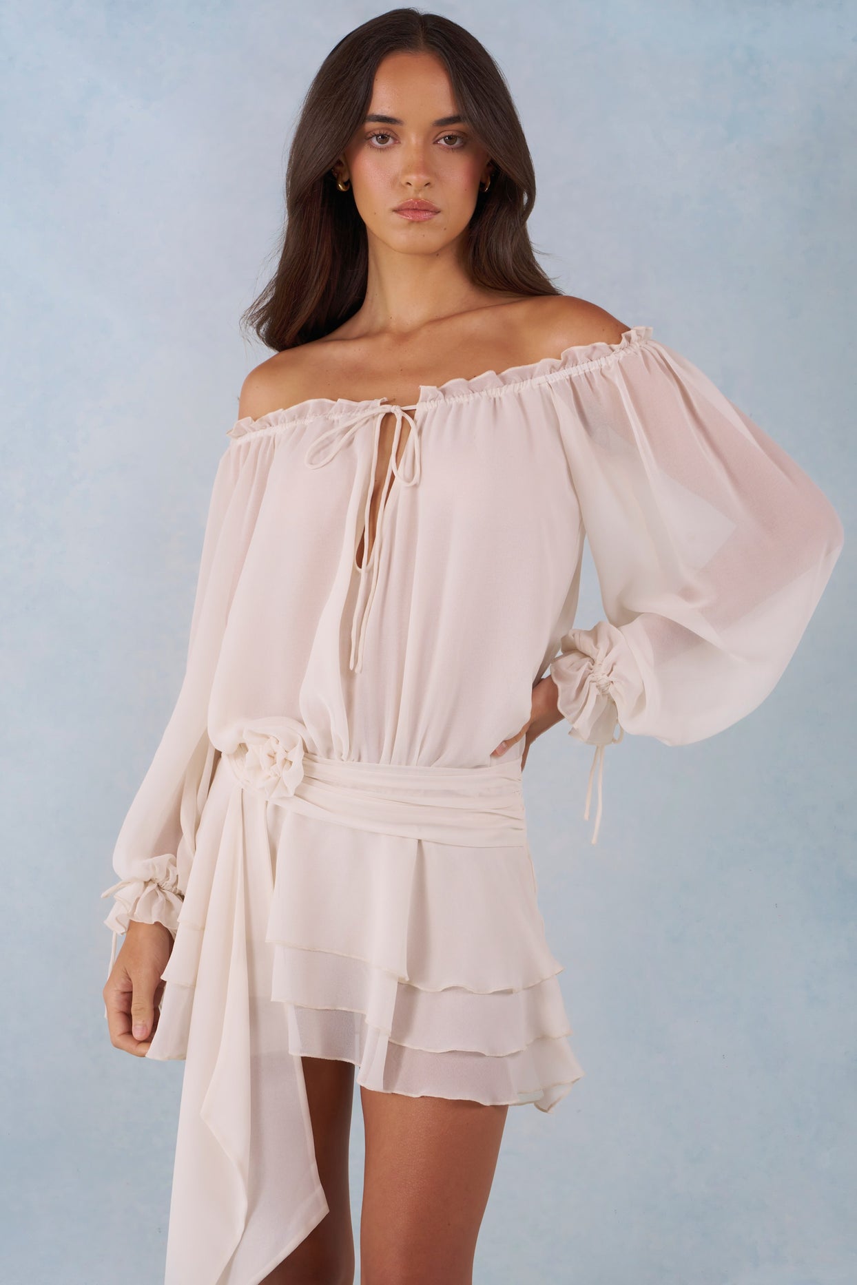 Off-Shoulder Balloon-Sleeve Mini Dress in Ivory - 6