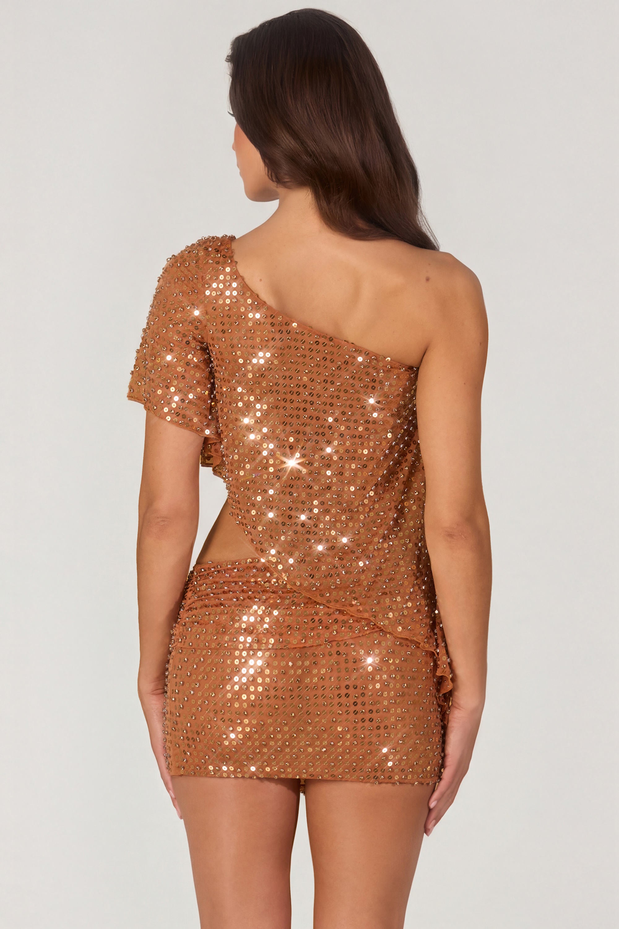 Embellished One-Shoulder Asymmetric Top in Bronze - 2