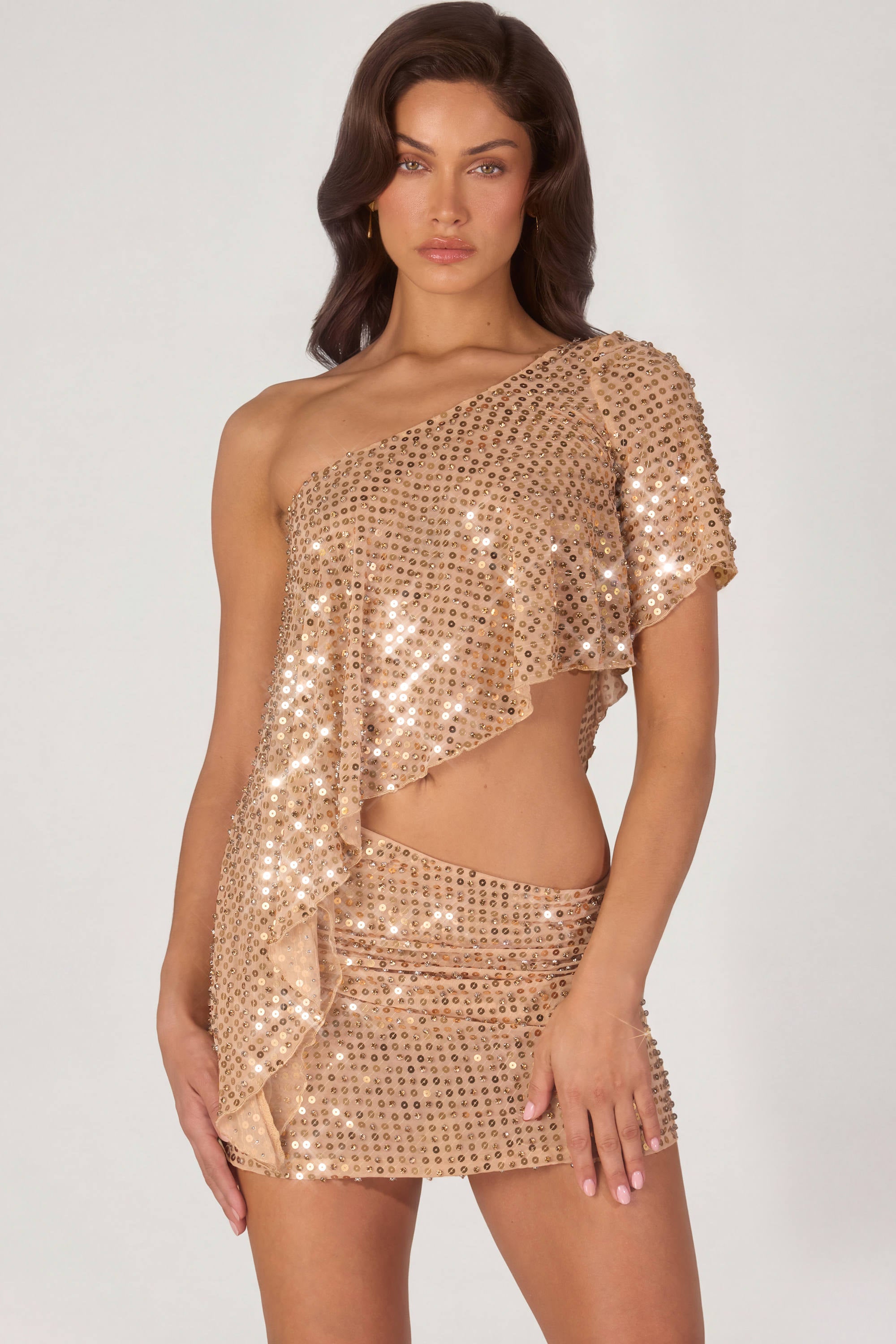 Embellished One-Shoulder Asymmetric Top in Gold - 1