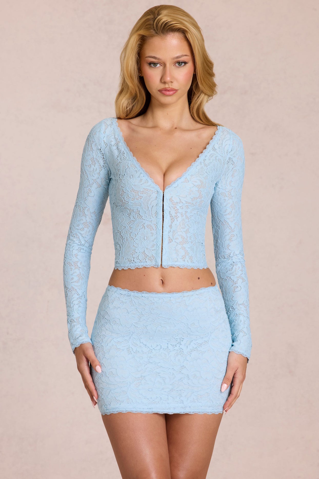 Lace Plunge Cardigan  in Powder Blue - 6