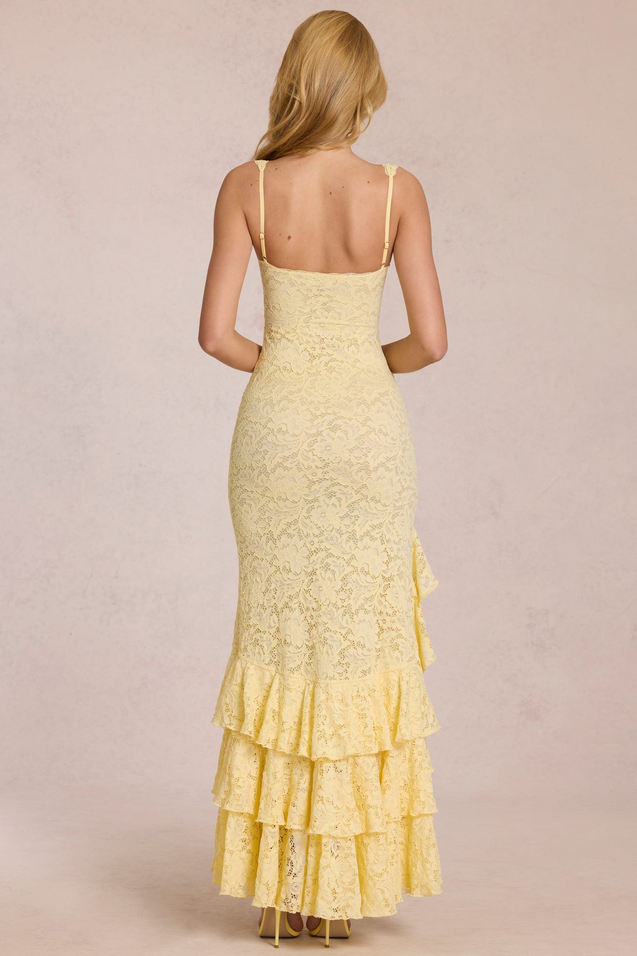 Lace Ruffle Maxi Dress in Lemon Yellow - 7