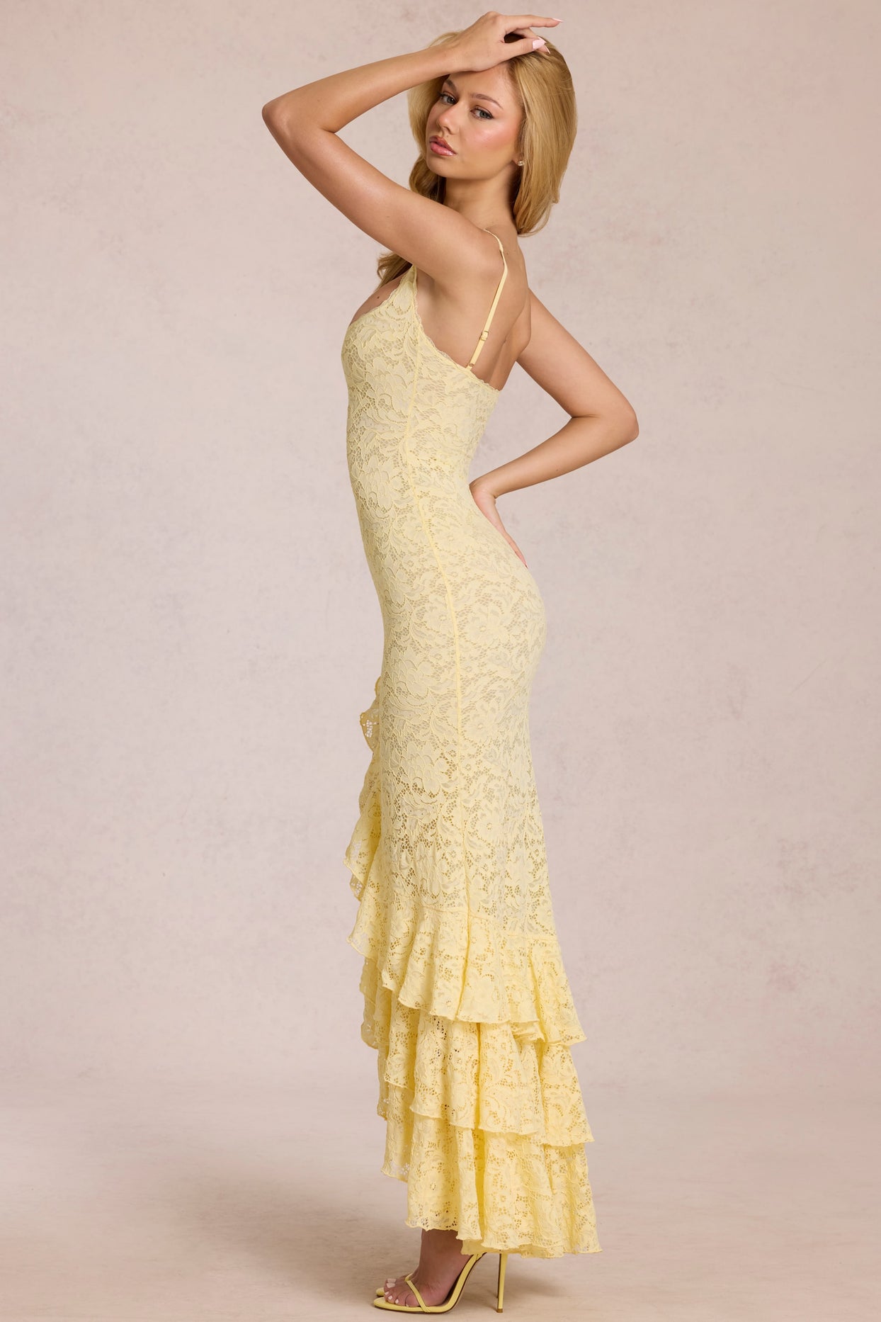 Lace Ruffle Maxi Dress in Lemon Yellow - 8