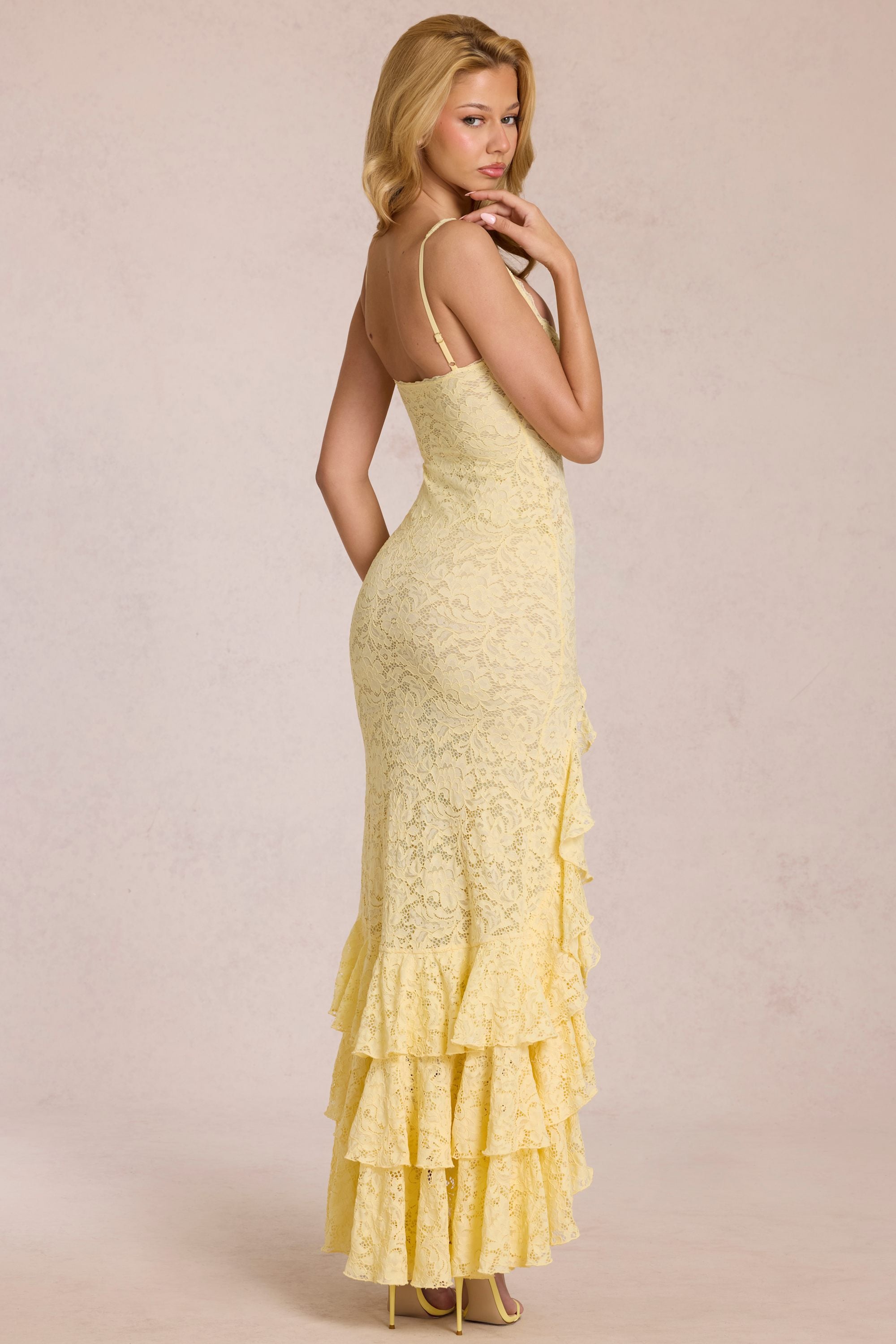 Lace Ruffle Maxi Dress in Lemon Yellow