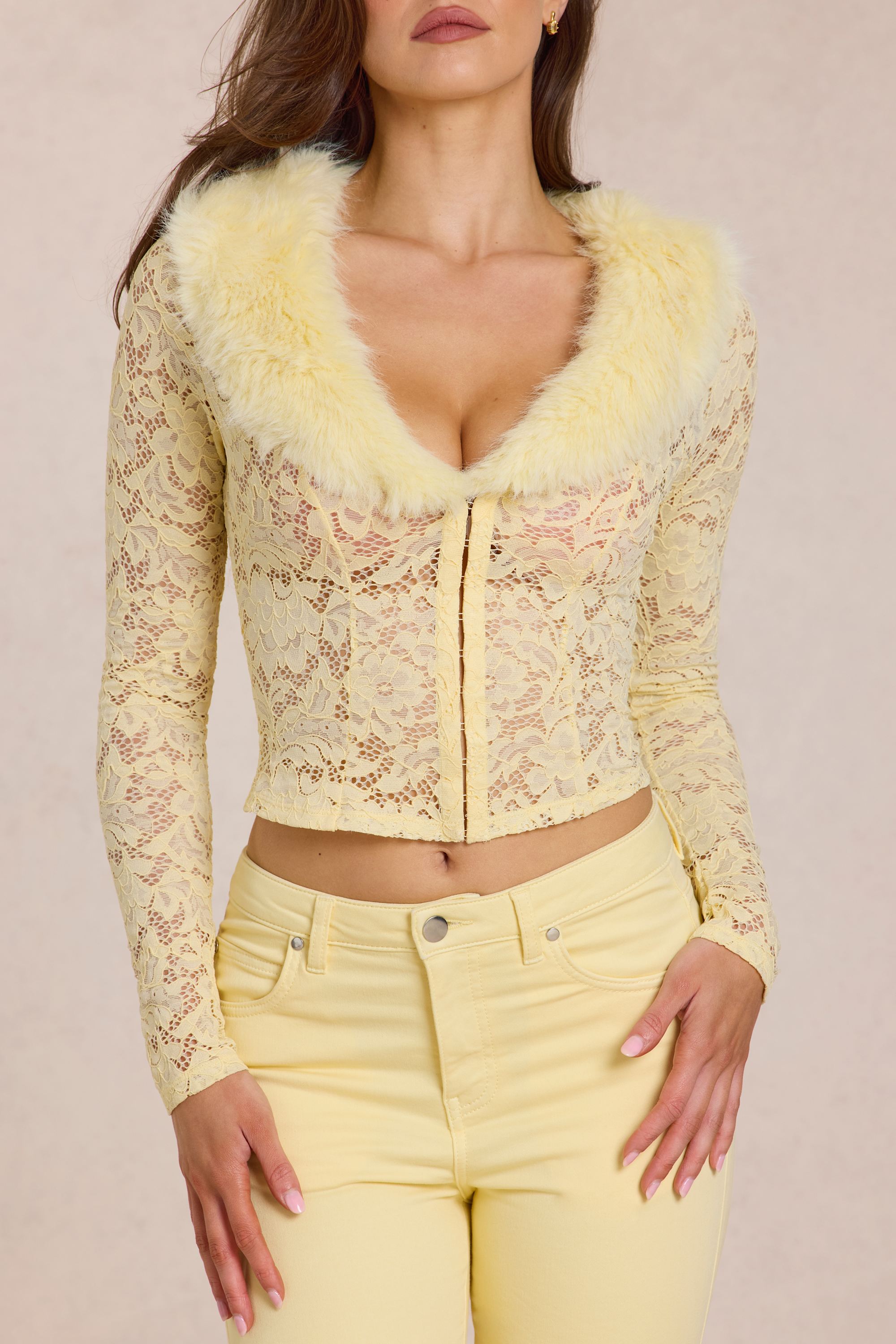 Lace Faux-Fur-Trim Cardigan in Lemon Yellow