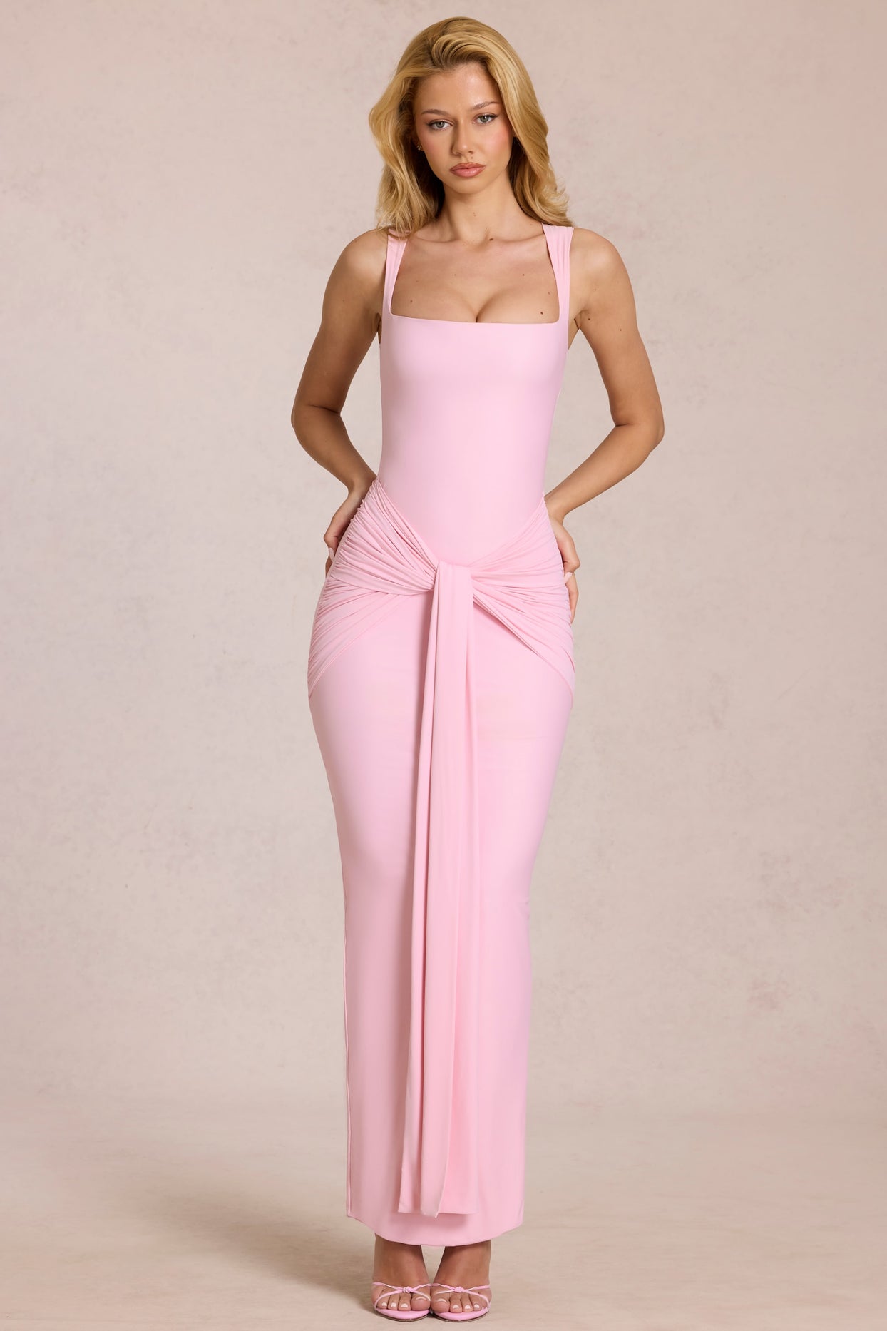 Square-Neck Tie-Gather Maxi Dress in Blossom Pink - 9