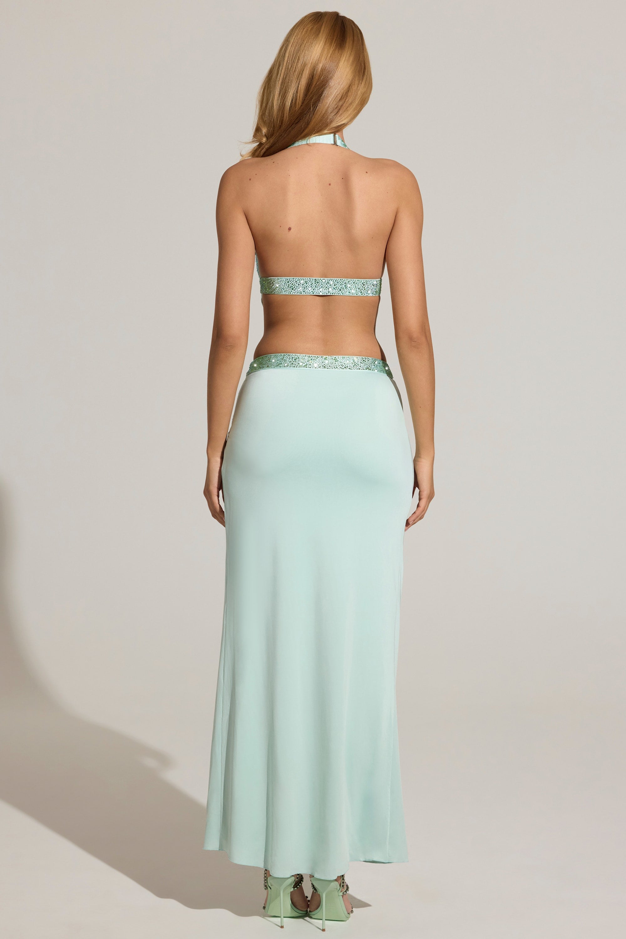 Embellished Low-Rise Maxi Skirt in Aqua Blue