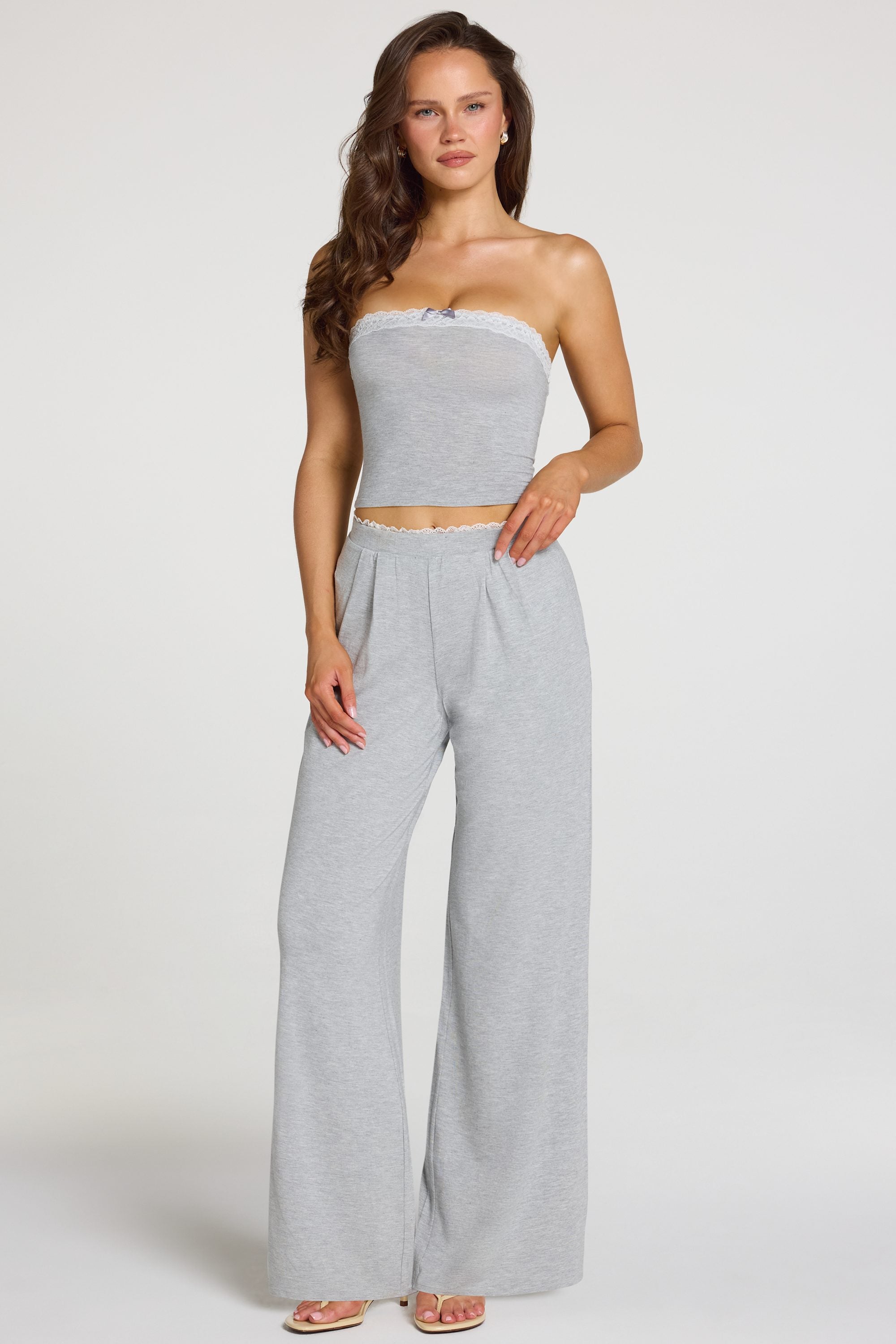 Modal Mid-Rise Wide-Leg Trousers in Grey Marl