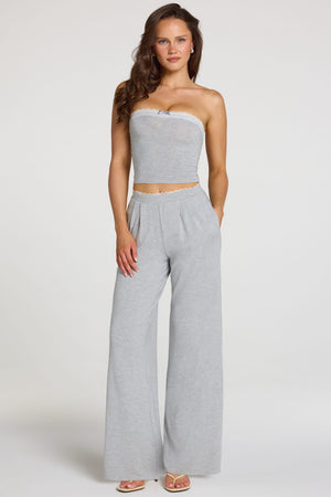 Oh Polly model Georgia wearing the Reina Trousers in Grey Marl Modal fabric perfect for relaxed weekend errands