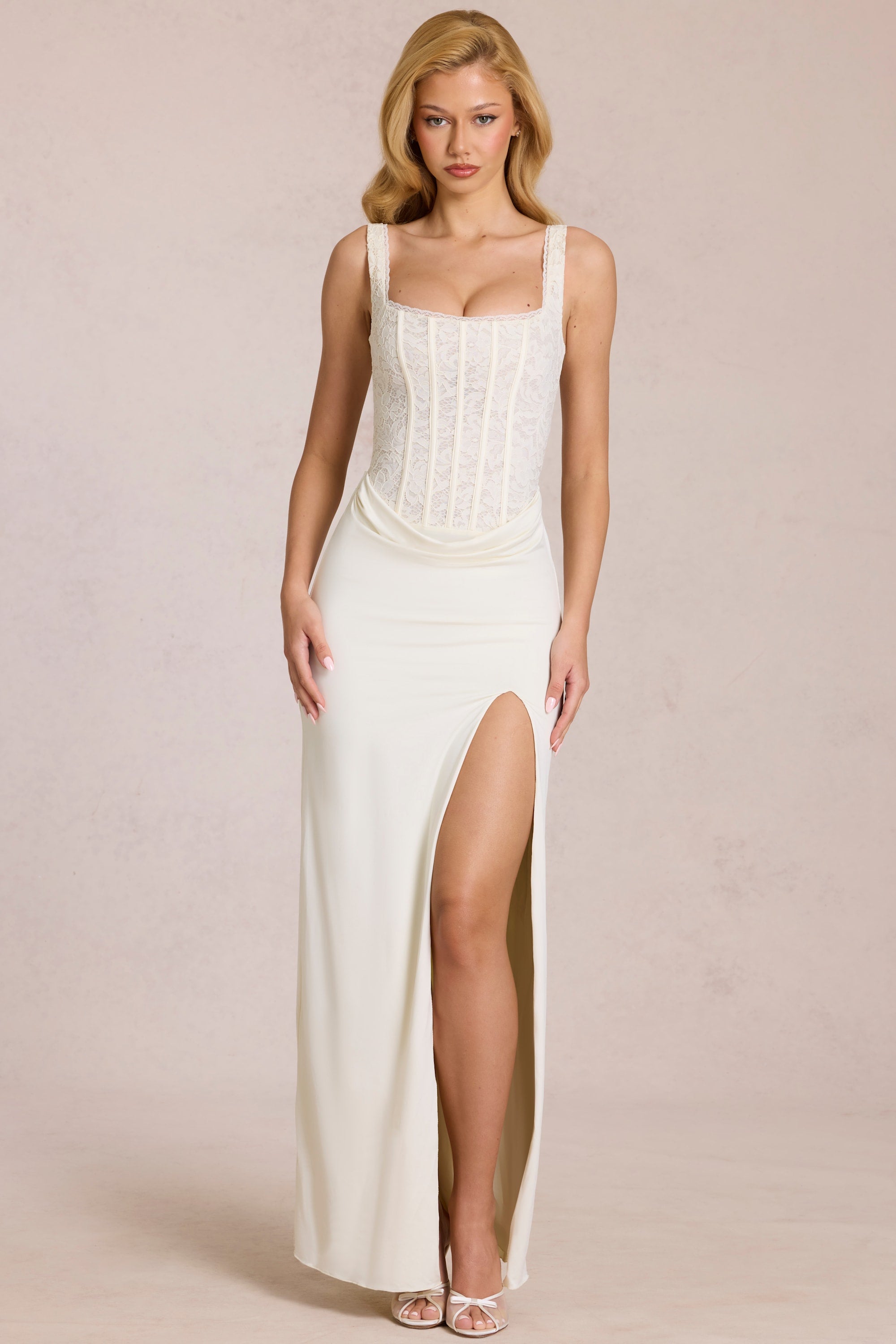 Lace Corset Maxi Dress in Pearl