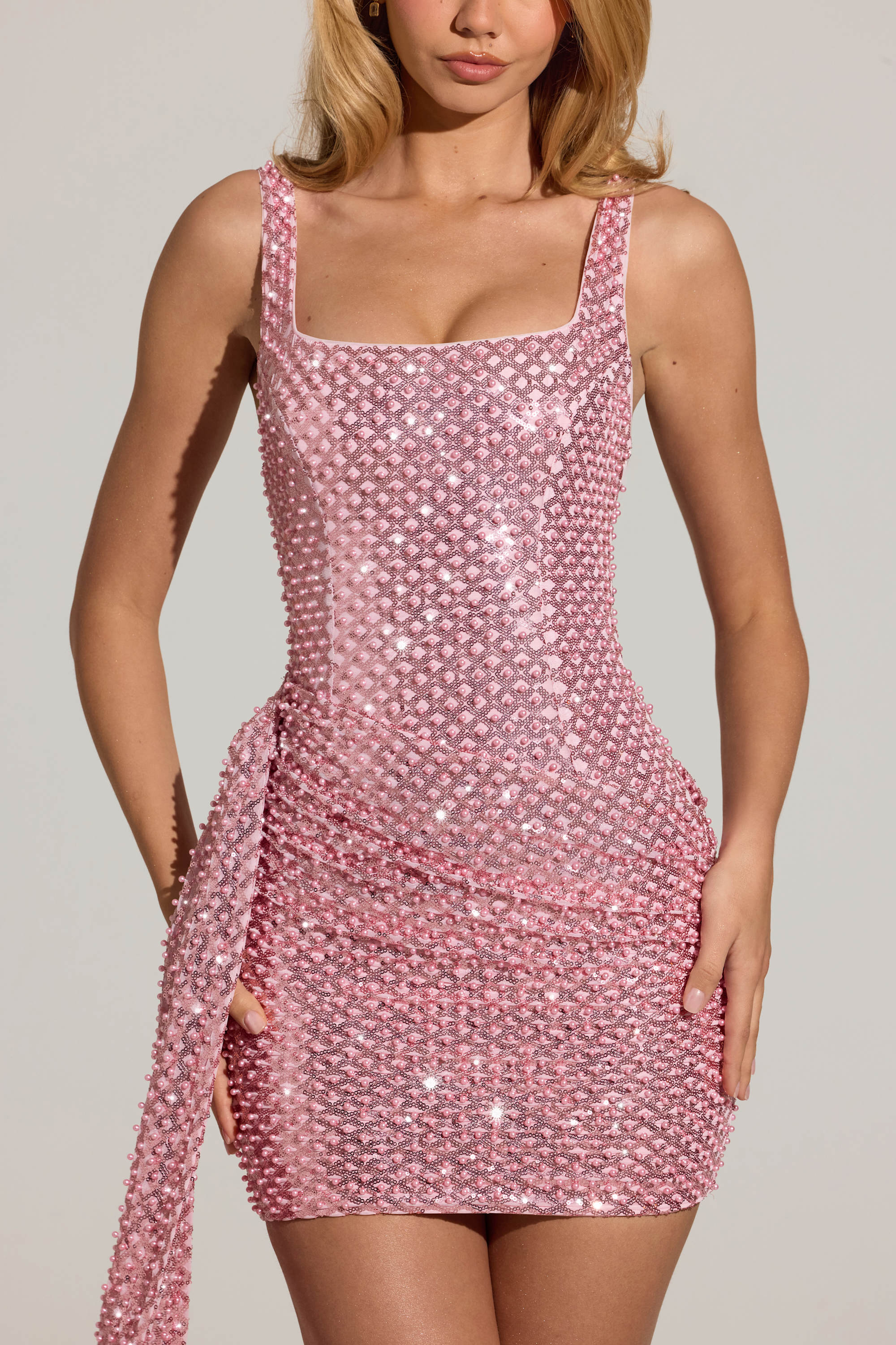 Embellished Draped Mini Dress in Blush Pink