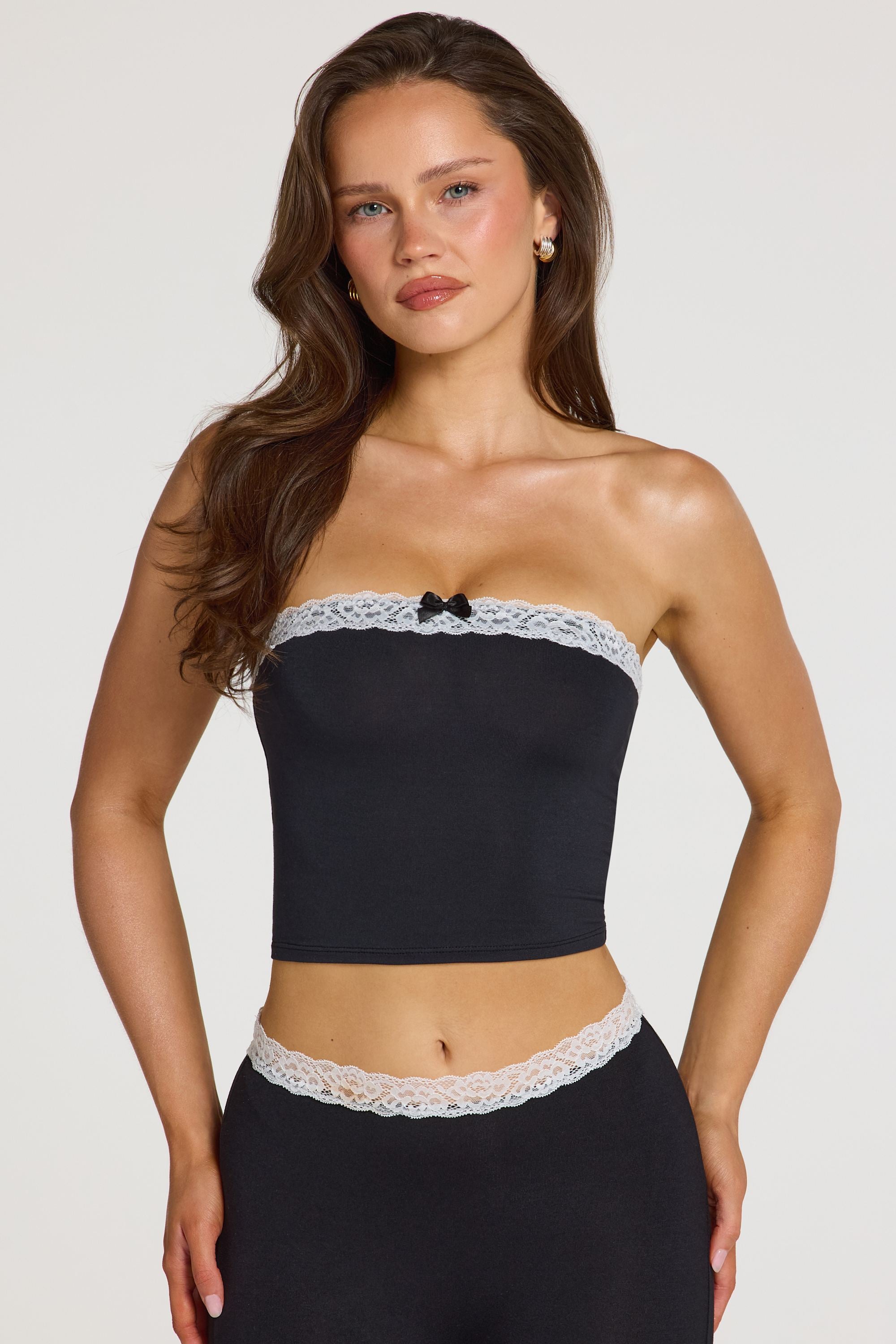 Modal Lace-Trim Bandeau Top  in Black - 1