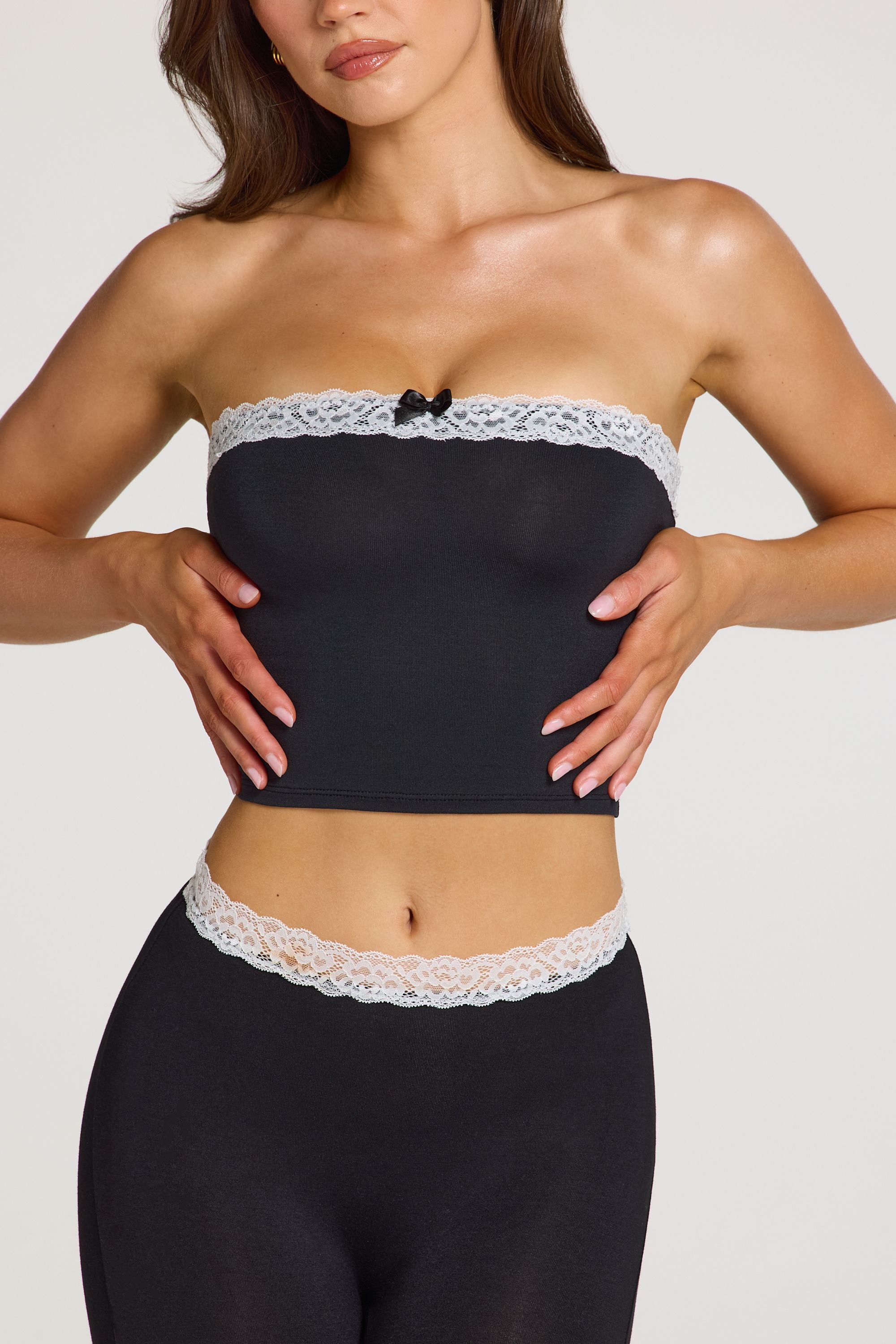 Modal Lace-Trim Bandeau Top  in Black - 2