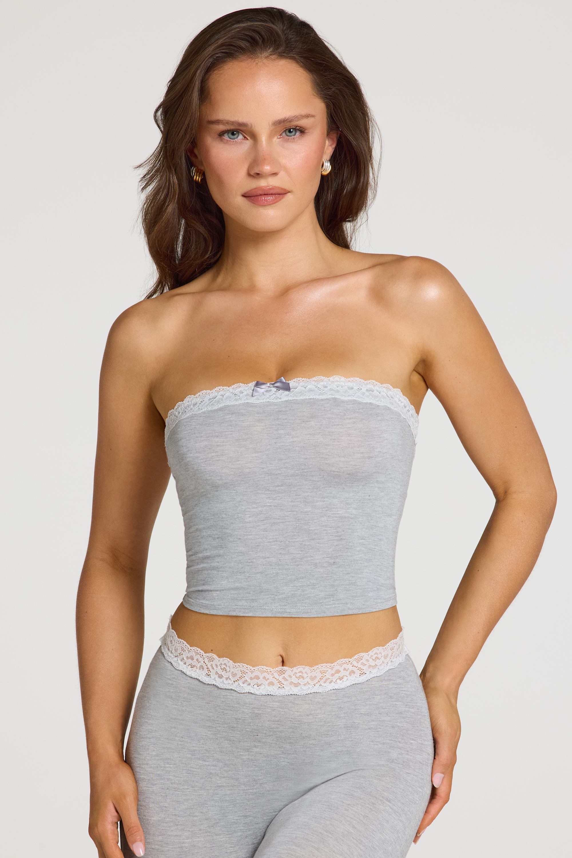 Modal Lace-Trim Bandeau Top  in Grey Marl - 1