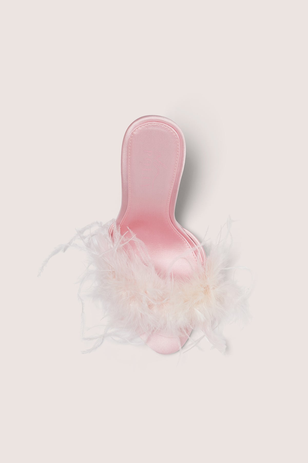 ⁣⁢Feathered Satin Heeled Mule in Blossom Pink⁤⁣