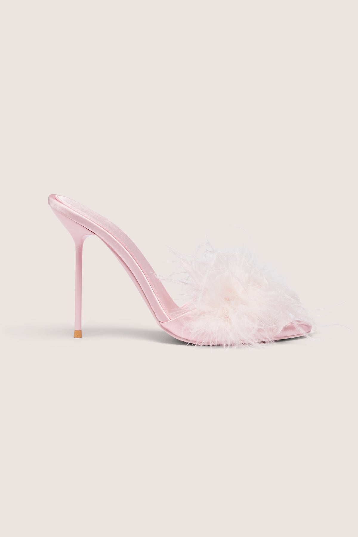 ⁣⁢Feathered Satin Heeled Mule in Blossom Pink⁤⁣