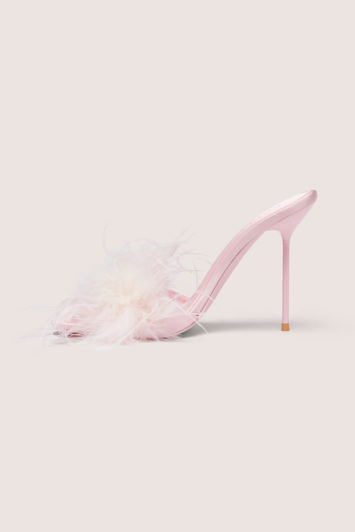 ⁣⁢Feathered Satin Heeled Mule in Blossom Pink⁤⁣