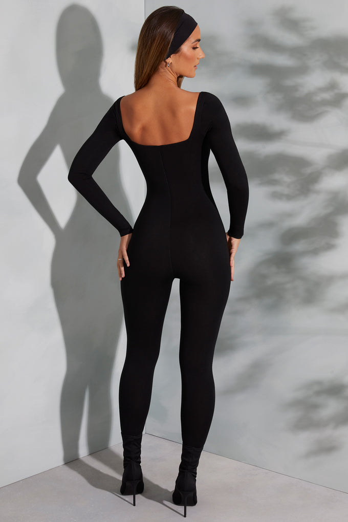 Square Neck Long Sleeve Jumpsuit in Black - 2